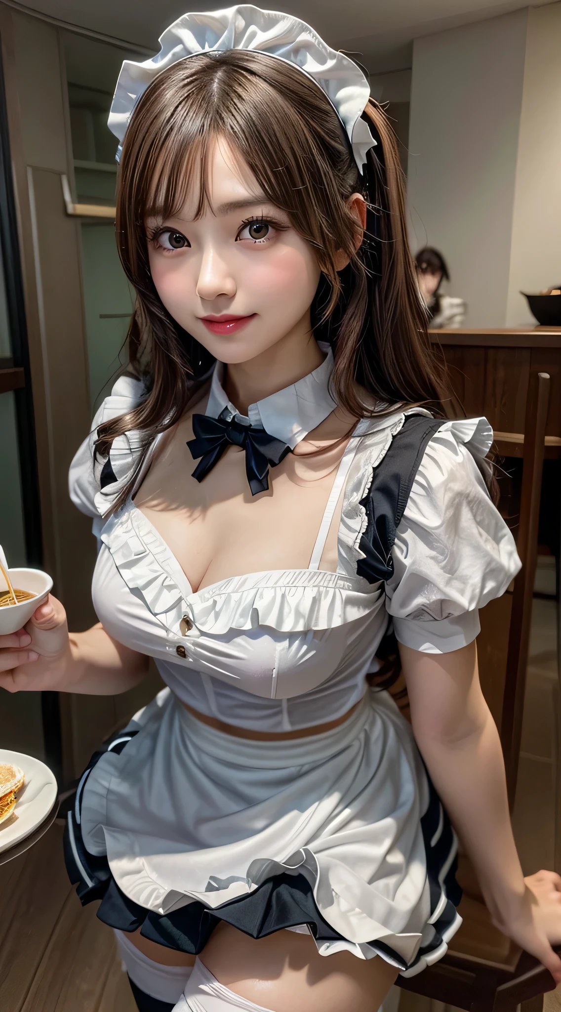 (ung girlrown hair, Amazing face and eyes, Pink eyes, seducting smile, (Maid café costume with frills, Pleated mini-skirt:1.5), (Wide open maid cafe costume:1.2), bared chest, (amazingly beautiful girl), Brown hair, Stylish hair ornamen Quality:1.4), (Ultra-detailed), (extremely detailed CG unified 8k wallpaper), Highly detailed, High-definition raw color photos, Professional Photography, depth of fields, (View from below),