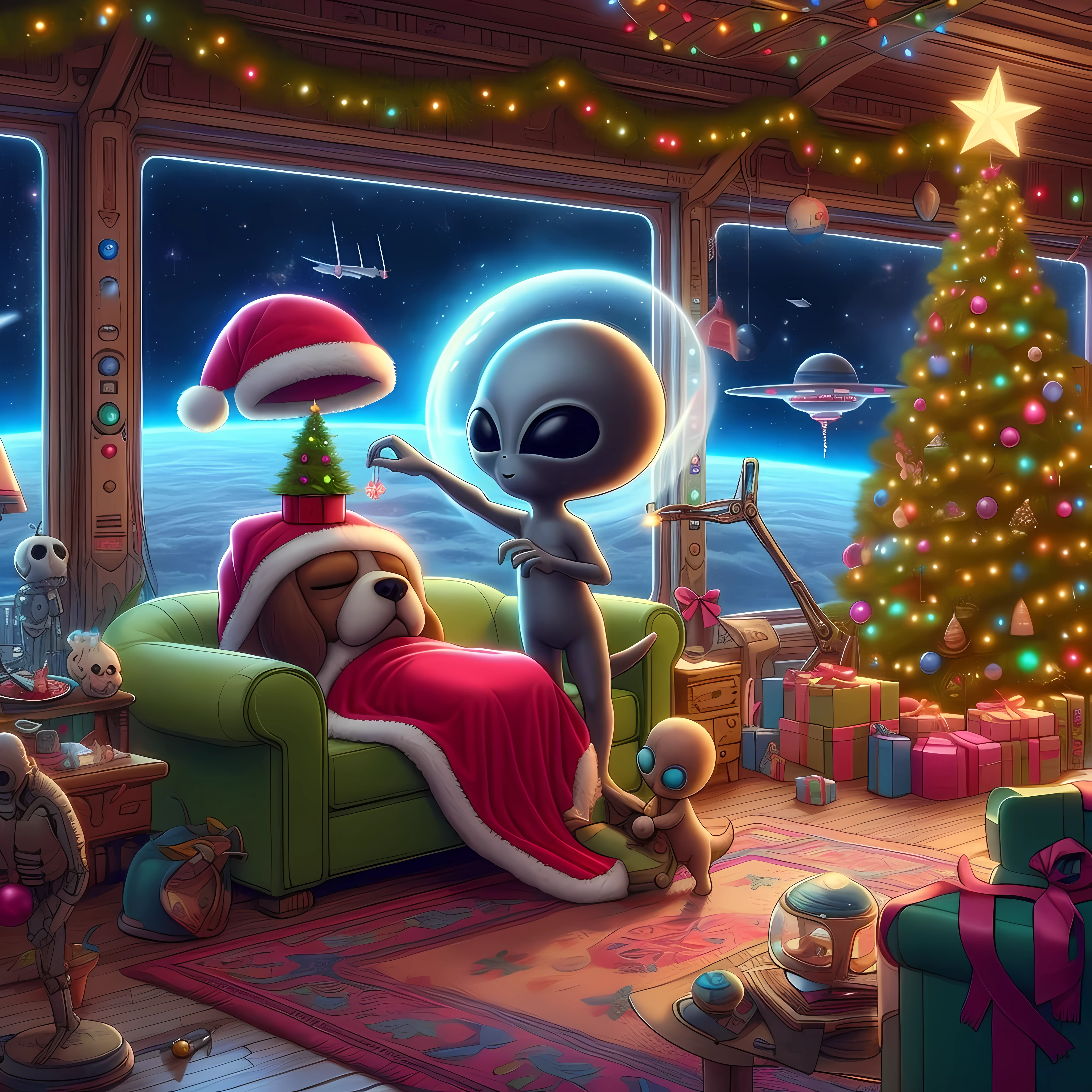 Create a (32k masterpiece, best quality:1.4) absurdres illustration of, a cute little alien delicately placing Christmas decorations on his sleeping alien dog's head, trying not to wake him up, in the lounge of the family spaceship, (highly decorated spaceship), panoramic lounge window showing the cosmos, (huge filesize), (quixel megascan),