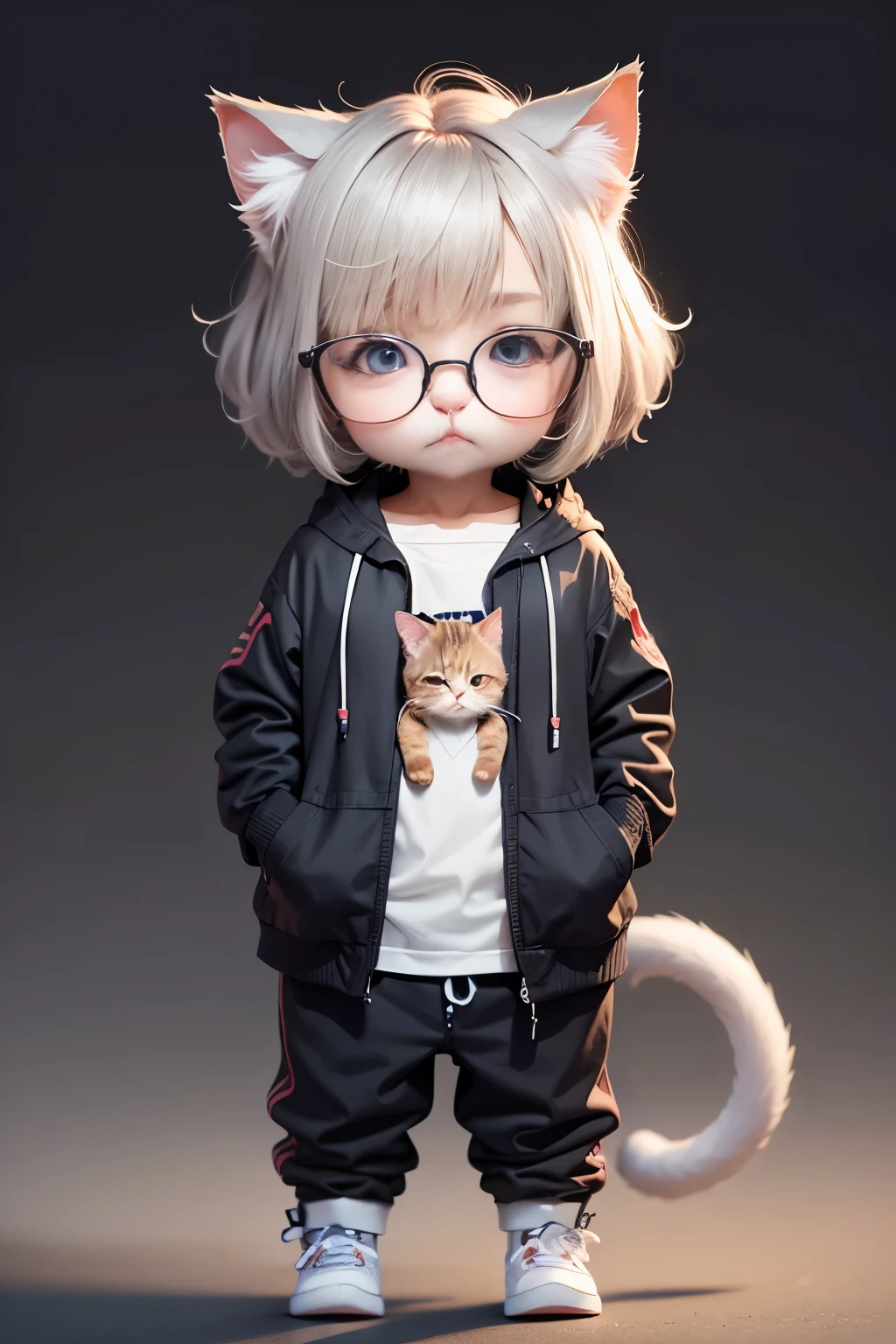 c4tt4stic, A cute kitten wears a pair of metal spectacle frames(Munchkin cat appearance detailody hair is light gray,、Short legs), transparent background