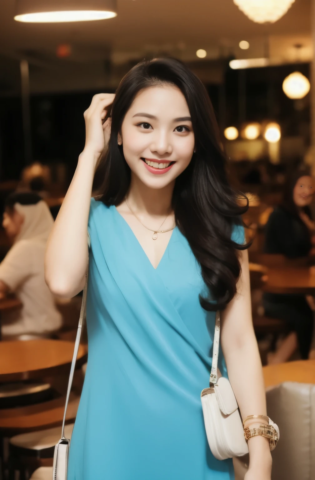 Indonesian girl, very long white hair,wear soft blue Mini Dress , laughing and posing with hand on head, touching her own head, wear handbag, from back view, hijab blown, windy, detail skin, age spot, detail skin texture, mole below eyes, small breast, flat chest, wide hips, small waists, thick thighs, slim abs, beautiful body, nighttime, laughing, happy, bright lighting, crowded cafe, blur background, bokeh,