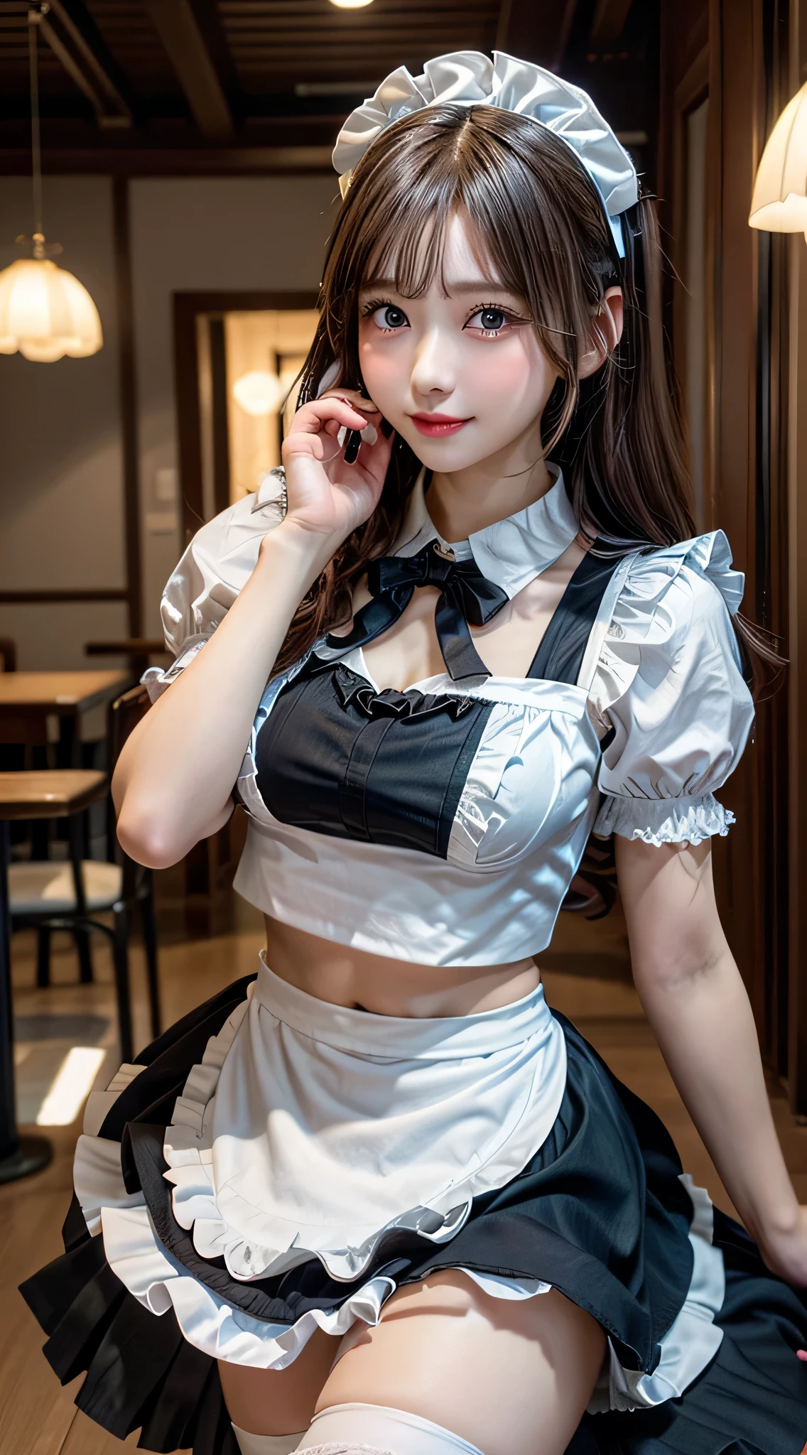 (***ung girlrown hair, Amazing face and eyes, Pink eyes, seducting smile, (Maid café costume with frills, Pleated mini-skirt:1.5), (Wide open maid cafe costume:1.2), bared  chest, (amazingly beautiful girl), Brown hair, Stylish hair ornamen Quality:1.4), (Ultra-detailed), (extremely detailed CG unified 8k wallpaper), Highly detailed, High-definition raw color photos, Professional Photography, depth of fields, (View from below),