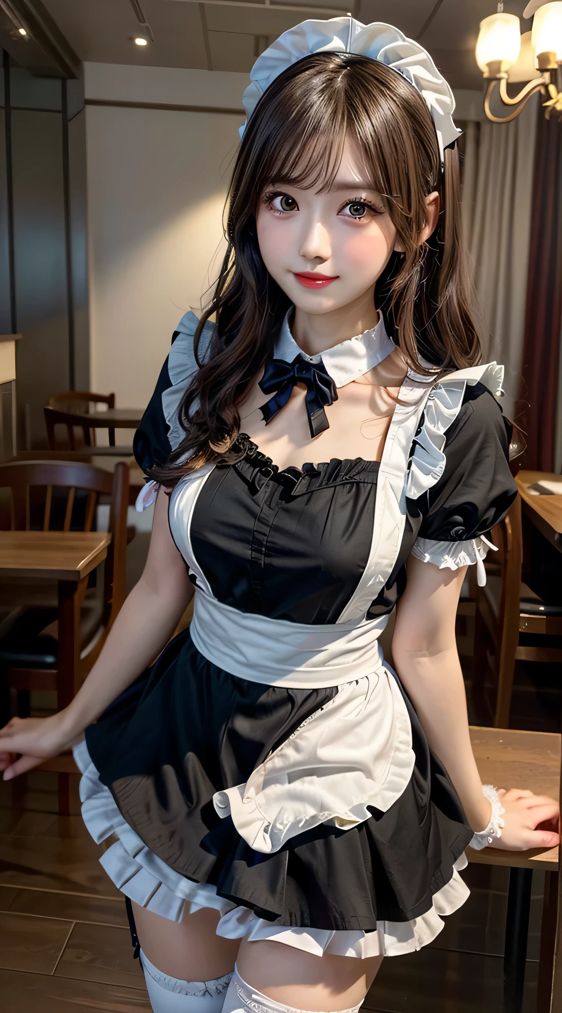 (1young girlrown hair, Amazing face and eyes, Pink eyes, seducting smile, (Maid café costume with frills, Pleated mini-skirt:1.5), (Wide open maid cafe costume:1.2), bared chest, (amazingly beautiful girl), Brown hair, Stylish hair ornamen Quality:1.4), (Ultra-detailed), (extremely detailed CG unified 8k wallpaper), Highly detailed, High-definition raw color photos, Professional Photography, depth of fields, (View from below),