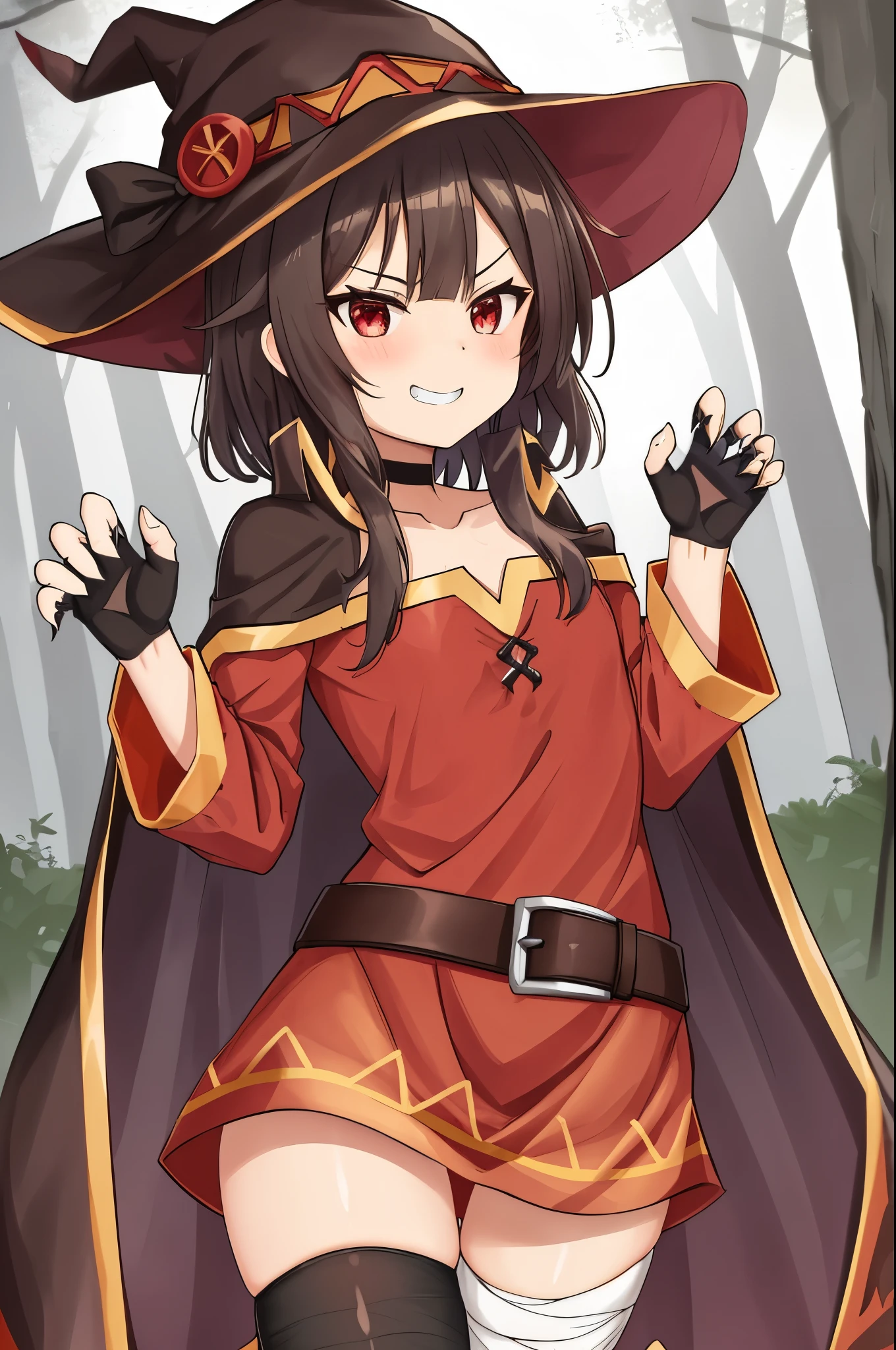 Megumin, Crazy Wizard, 1 Girl, Solo, Witch Hat, Brown Hair, Long Short Hair, Red Eyes, Blush, Evil Smile, Black Choker, Clavicle, Flat Chest, Off-Shoulder Dress, Red Dress, Brown Cloak, Long Sleeves, Black Gloves, Fingerless Gloves, Brown Belt, Gold Trim, (Asymmetrical legs: 1.4), unmatched legwear, (bandaged legs: 1.3), black thighs, (arms behind the back: 1.3), simple background, high quality, high resolution. ((outdoors)), presenting armpit, nipples