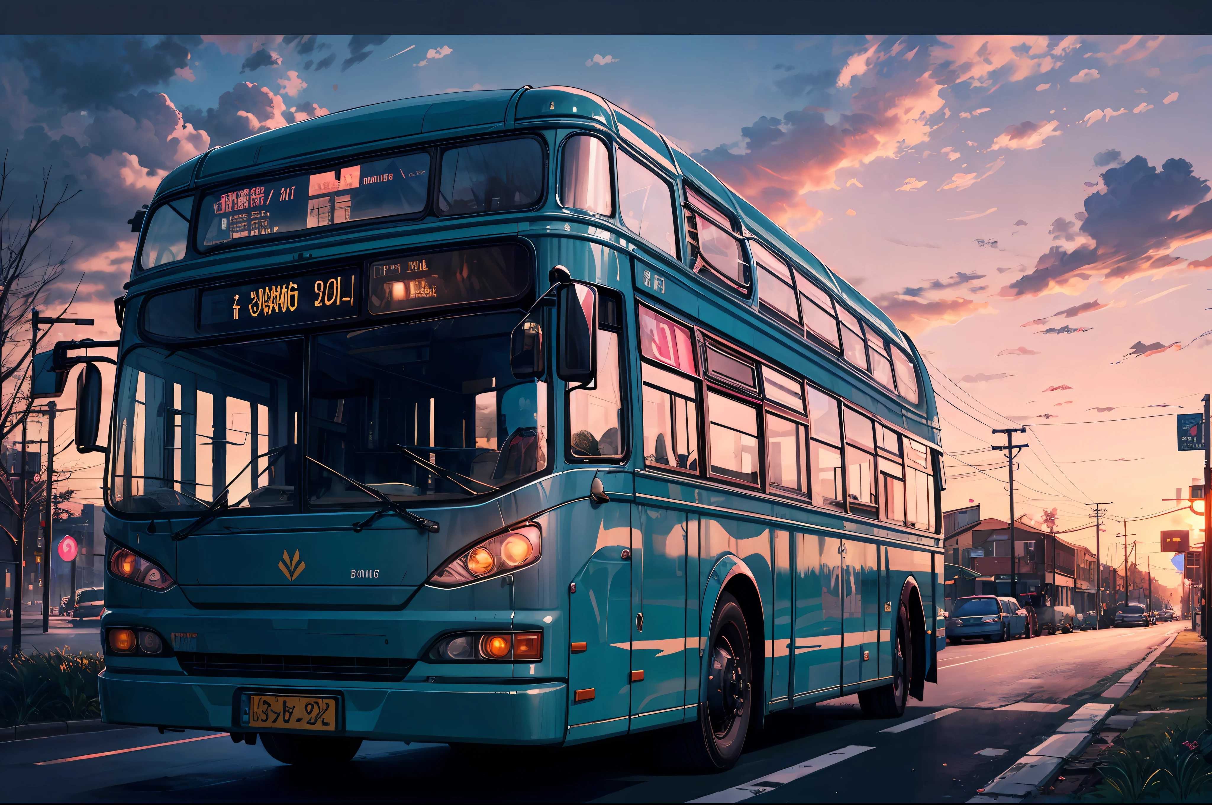 ((A scene of a bus journeying to the west)) ,As the bus moves forward, (the windshield reflects a vibrant pink hue),( with the pink light bouncing off the metal surfaces) BREAK ,(the pink hue gently grazes the dented flank of a worn-out blue enamel),( leaving a subtle mark), vivid color, BREAK masterpiece, masterwork, meticulous, intimate, nuanced, highest quality, highest fidelity, highest resolution, highres, highest detail, hyper-detailed, detail enhancement