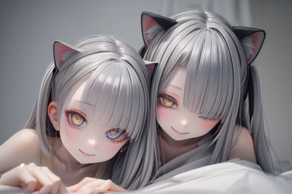 1girl in,little beautiful girl of 5 years old,Smiling eyes,Silver Hair Bob Cut,pale skin, ,Cat's ears,,Golden eyes,,,leotard,girl on bed,,Hair over one eye,,,,,