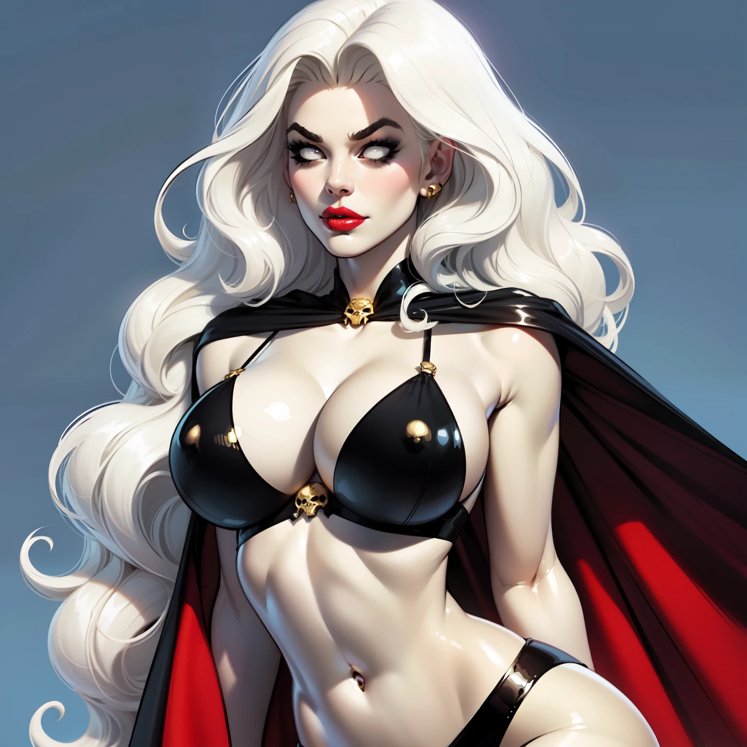 Lady_death_bikini_ facing front,bored, mascara, blank_eyes,long hair,breasts,white hair,makeup,navel,lipstick,large breasts,wavy hair,white skin,lips,curly hair,red lips,very long hair,toned, cape, narrow_waist, curvy,pale skin, thick_eyelashes, thick eyebrows, big hair, blue background