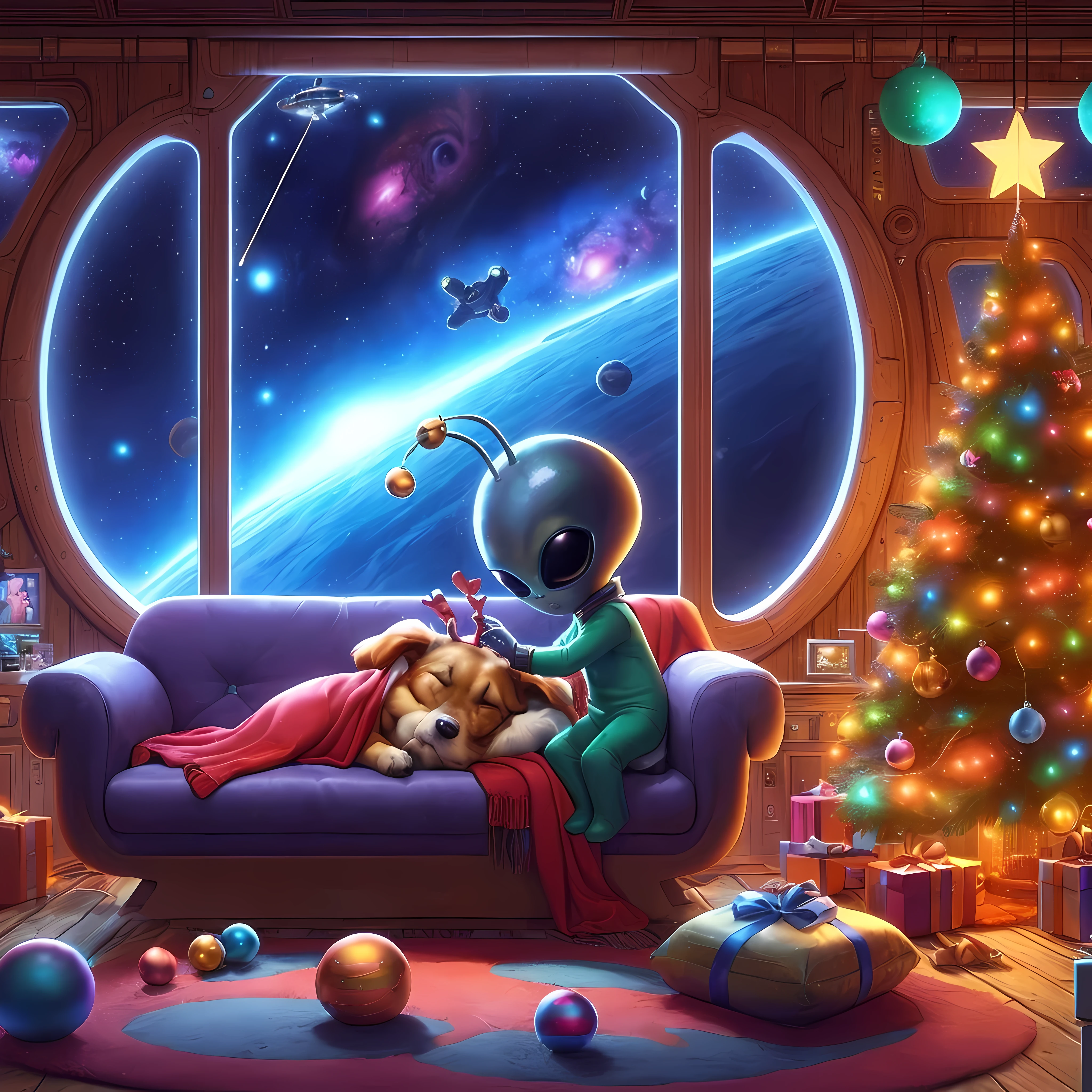 Create a (32k masterpiece, best quality:1.4) absurdres illustration of, a cute little alien delicately placing Christmas decorations on his sleeping alien dog's head, trying not to wake him up, in the lounge of the family spaceship, (highly decorated spaceship), panoramic lounge window showing the cosmos, (huge filesize), (quixel megascan),