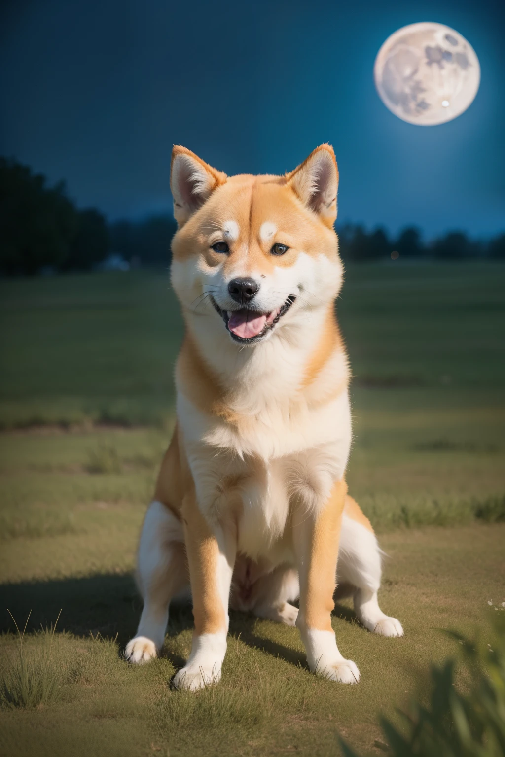 The one in the moonlit night is Shiba Inu，Leakage throughout the body，being in the grassland。