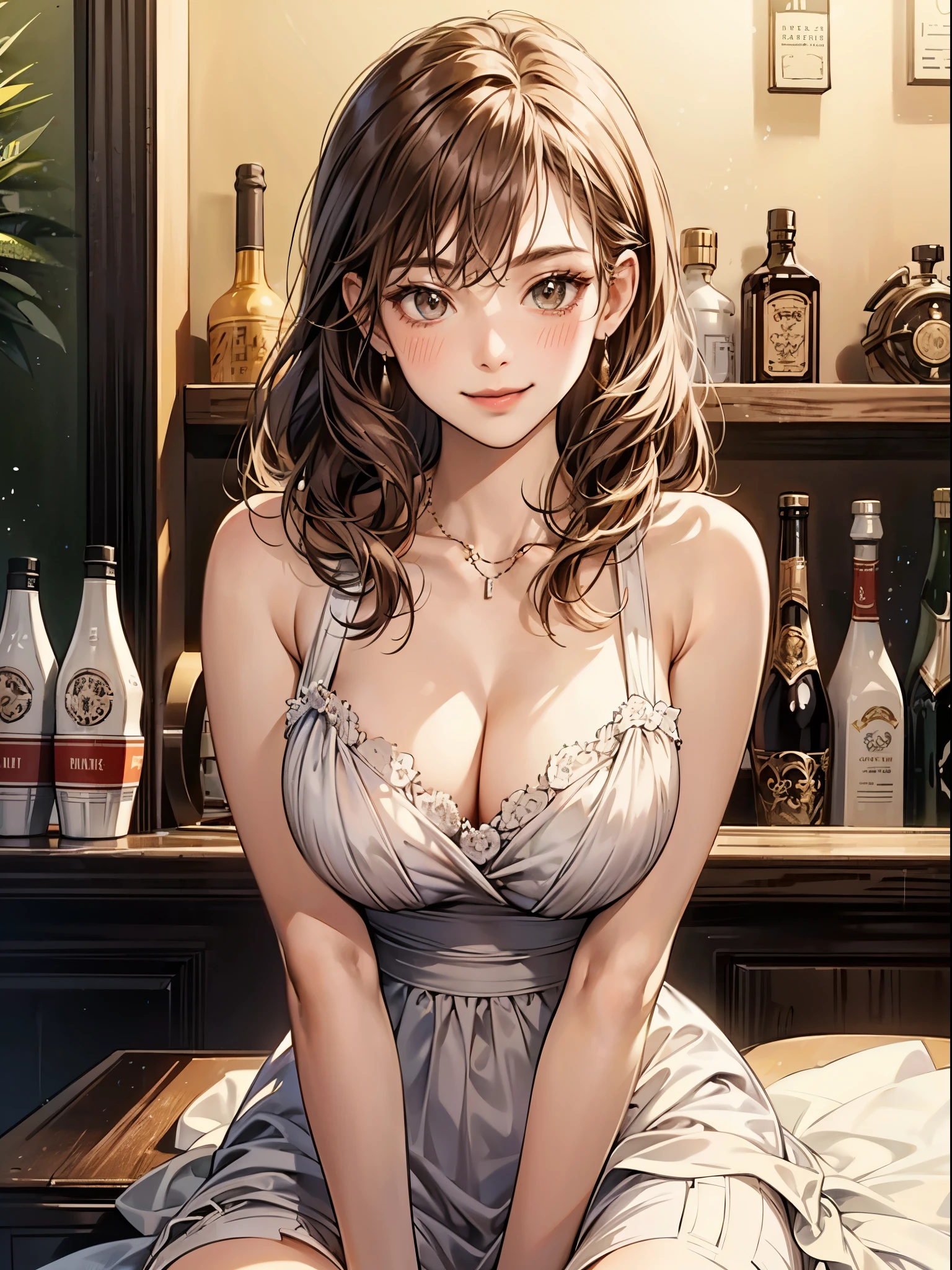 1lady solo, mature female, /(pencil dreslack dress/) necklace, /(brown hair/) bangs, blush kind smile, (masterpiece best quality:1.2) delicate illustration ultra-detailed, large breast, arms down, /(bar counter night/)