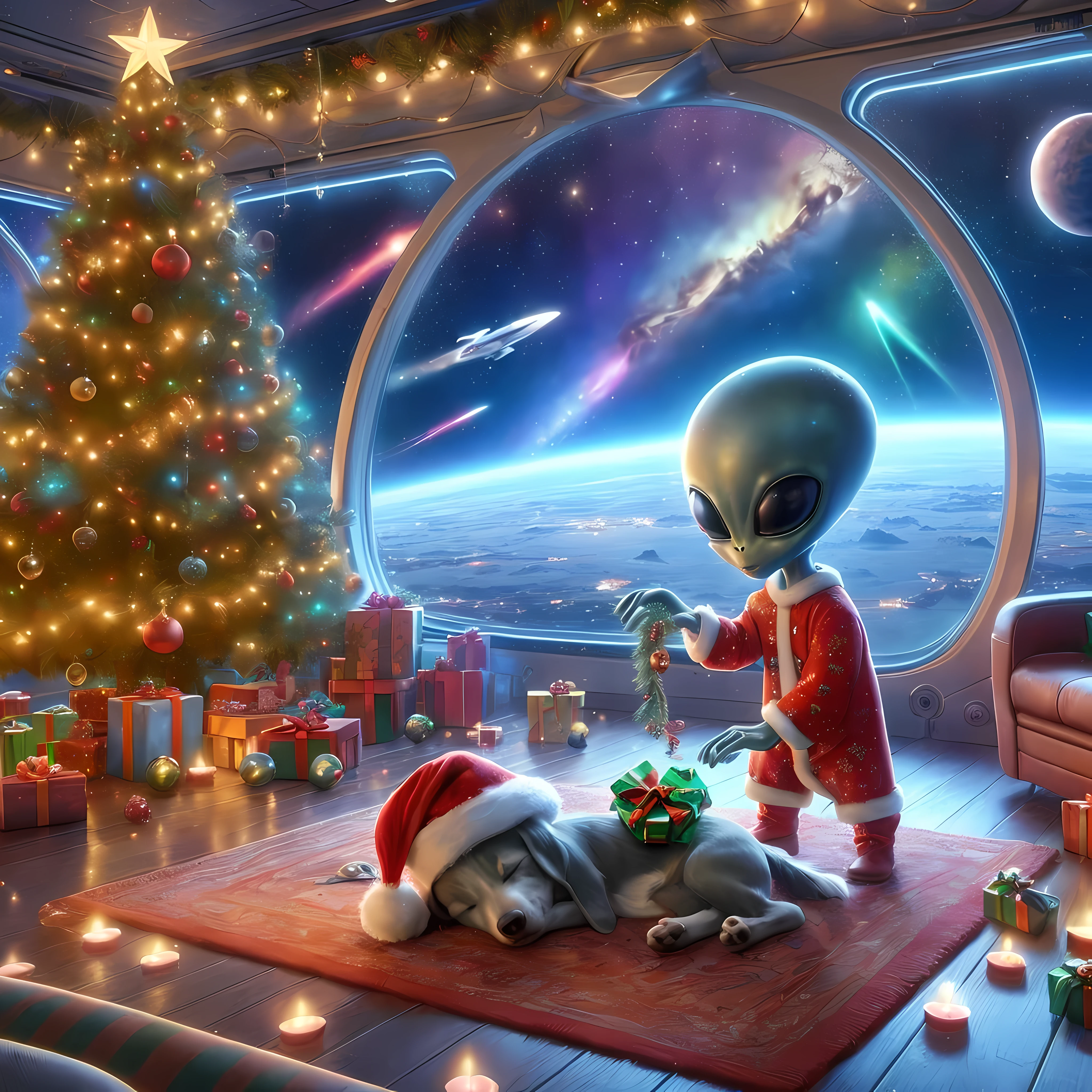 Create a (32k masterpiece, best quality:1.4) absurdres illustration of, a cute little alien delicately placing Christmas decorations on his sleeping alien dog's head, trying not to wake him up, in the lounge of the family spaceship, (highly decorated spaceship), panoramic lounge window showing the cosmos, (huge filesize), (quixel megascan),