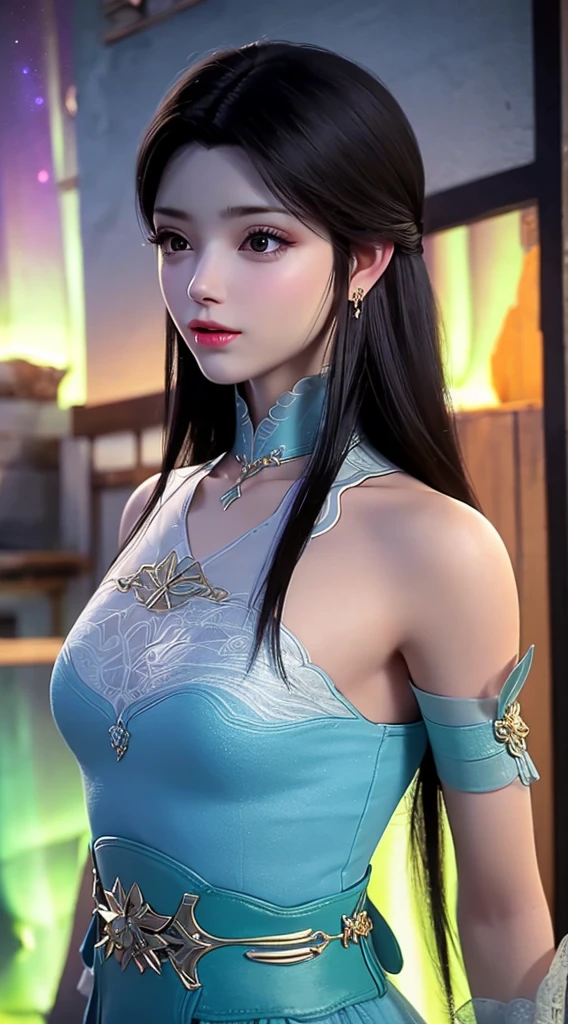 1 beautiful girl with a naked body, Long and smooth black hair, Hair jewelry and necklaces, Beautiful little face, thin eyebrows, The most beautiful and clean face, Very beautiful eyes., Big black round eyes., Makeup eyelashes are subtle and detailed., จมูกTall, Wearing earrings,small red lips, rosy face, The chest is enlarged and round, not wearing anything., Slim and compact body., slim waist, Portrait of a beautiful girl, 10 photo, super Tall quality, super realistic, 10x Super Pixel, photorealistic portrait, dark studio, border light, two tone light, (Detailed skin) Tall: 1.2), 10 uhd, DSLR, Soft light, Tall quality, volumetric light, candid, Photograph, Tall resolution, 4K quality, 10, bokeh, Smooth and sharp, Pixels occupy 10 times the background area.: 1.8), (galaxy: 1.7), aurora, lightning, (Aurora Background: 1.8), Full body, ((Her body is naked.)) Show your naked body