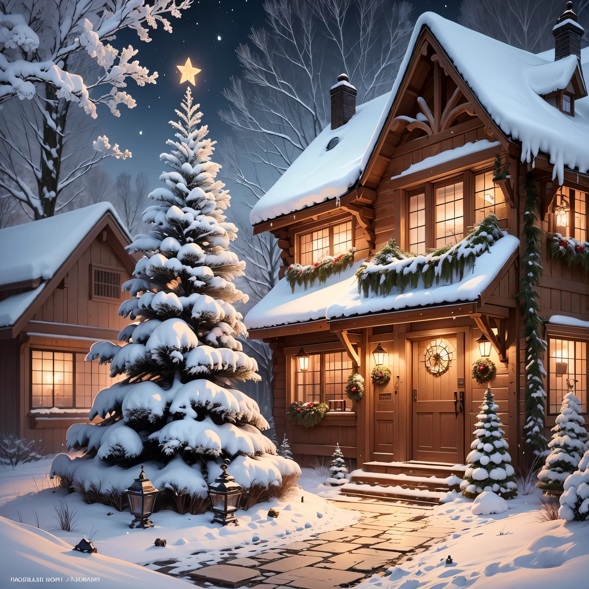 Exquisite Christmas Cabin, adorned with colorful decorations, stars, cane candy, and gifts, with piles of gifts piled up under the tree. Snowflakes float in the air, warm Christmas Season,Cartoon Christmas Tree Atmosphere Illustration,illustration, Christmas trees --auto --s2