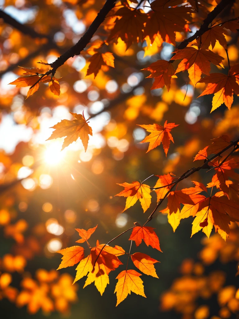 Autumn evening,Branches in the sun,hang sunshine on leaves,フォトリアリスティック,Natural soft light,hyper-detailing,4K, macro lens