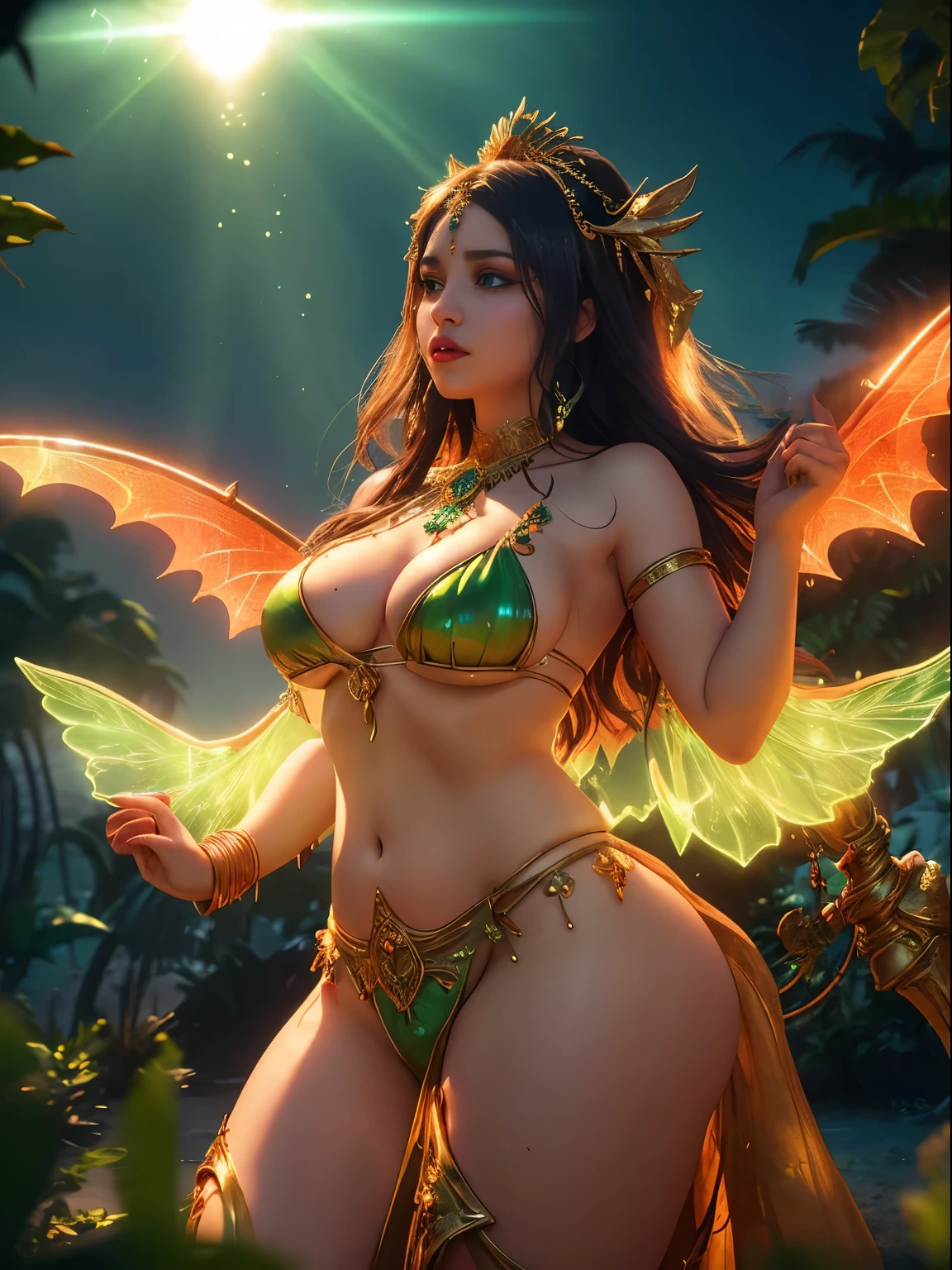 Girl, wearing goddess bikini with transparent bellydance dress , big breasts, curvy body,  seductive woman, moody green horror tone , dramatic lighting, rim lighting at back, ((heat lighting beams from eyes )), ((goddess)), ((fantasy land)),  transparent wings , red sky with clouds ,