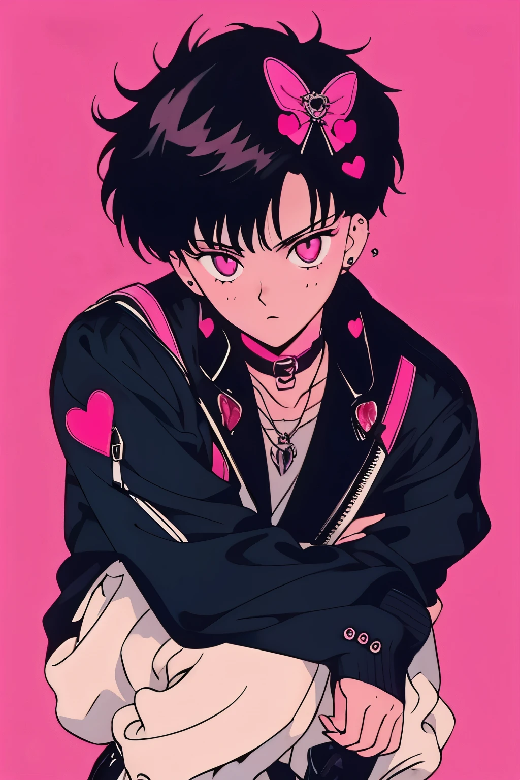 boy in stylish gothic clothes，Neat and beautiful face，Lace ornament，Full body，heart，a choker，piercings，kirakira，angelicales，Irridescent color，gyuru，Platform shoes，Sock Garter