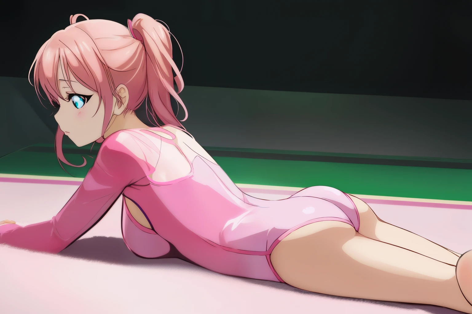 anime girl laying on the floor with her legs crossed, Seductive Anime Girl, asuka suit under clothes!, Smooth Anime CG Art, wearing leotard, Lying Dynamic Pose, pink twintail hair and cyan eyes, Ilya Kuvshinov. 4 k, pixiv 3dcg, Pink body, beautiful anime girl squatting, by Shingei
