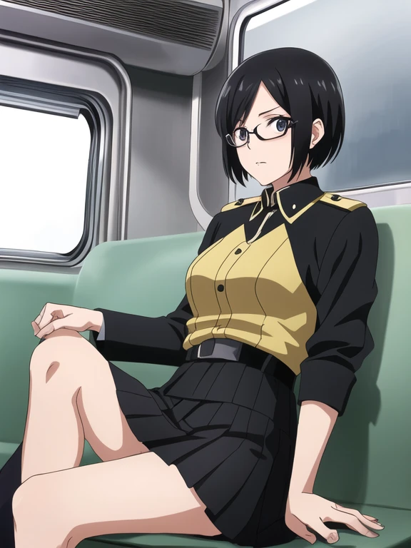 (Top resolution, Distinct_image), Best Quality, masutepiece, Highly detailed, semi - realistic, Woman with short black hair, Mature Woman, Triple bangs, Black uniform, Black pleated skirt, a miniskirt、On the train、Sitting、I can see the lace panties eye glass、Katyusha、interview、
