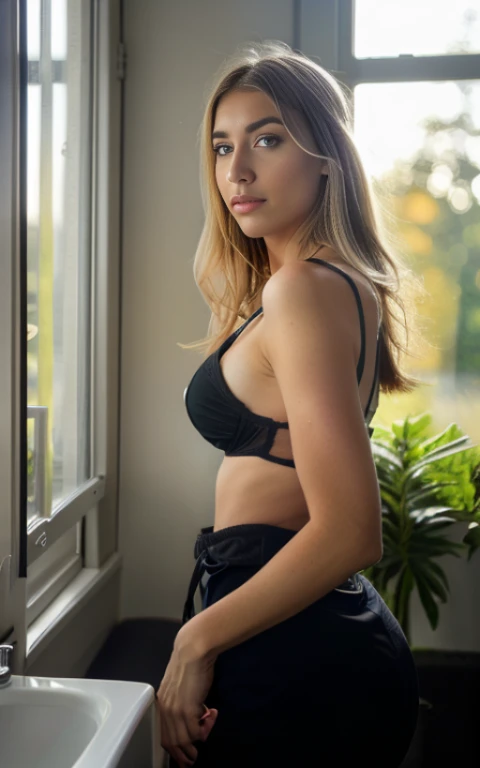(Hélène Lovista) photo d'une belle belle femme, 24 ans, corps parfaitement ajusté, sur deux, longs cheveux blonds venteux en désordre, debout, Visages blonds reflets, Détaillée séduisante, Sein nue, Sensuel, sexy, coquine, Fesse, regarde par la fenêtre, avec arrière-plan flou, chef-d'Un travail de la plus haute qualité, photoréaliste, Détailée, 8k, Hdr, faible profondeur de champ, Lumière large, contraste élevé, contre-jour, fleurir, Lueurs lumineuses, aberration chromatique, mise au point nette, photo couleur RAW
