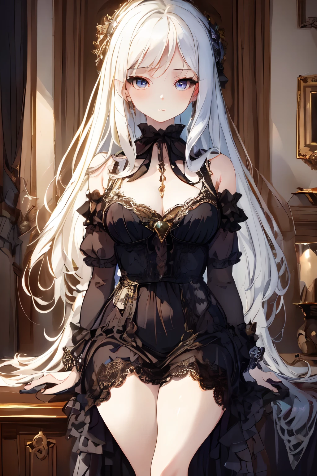 best quality, masterpiece, solo, 1 girl, nun, white hair, long hair, medium breasts, cleavage dress, gothic lolita, black silk stocking, high heels, hair ribbon, black blindfold, cross necklace, collar, chains, handcuffs, bandaid, nose blush , kneeling, indoor, castle