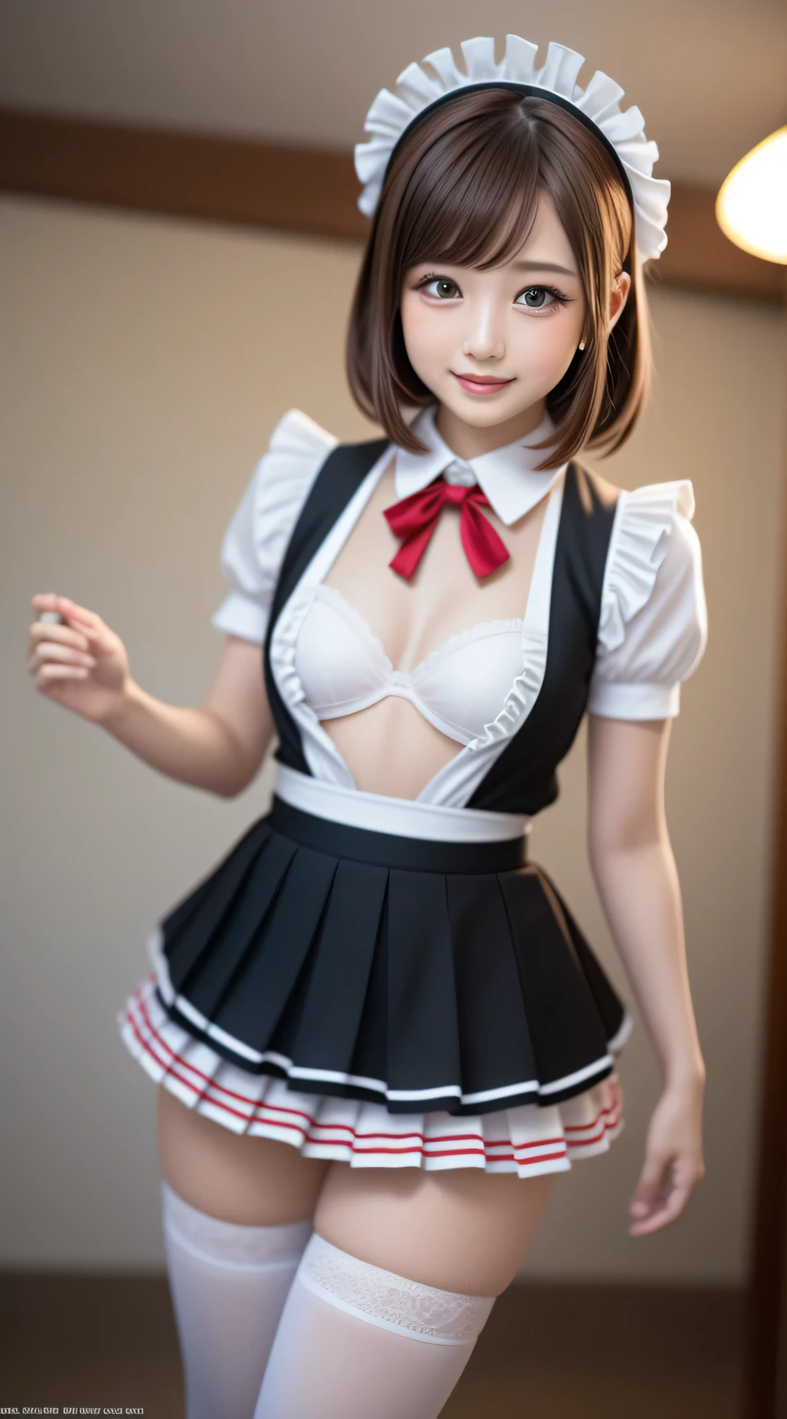 (***ung girlrown hair, Amazing face and eyes, Pink eyes, seducting smile, (Maid café costume with frills, Pleated mini-skirt:1.5), (Wide open maid cafe costume:1.2), bared  chest, (amazingly beautiful girl), Brown hair, Stylish hair ornamen Quality:1.4), (Ultra-detailed), (extremely detailed CG unified 8k wallpaper), Highly detailed, High-definition raw color photos, Professional Photography, depth of fields, (View from below),