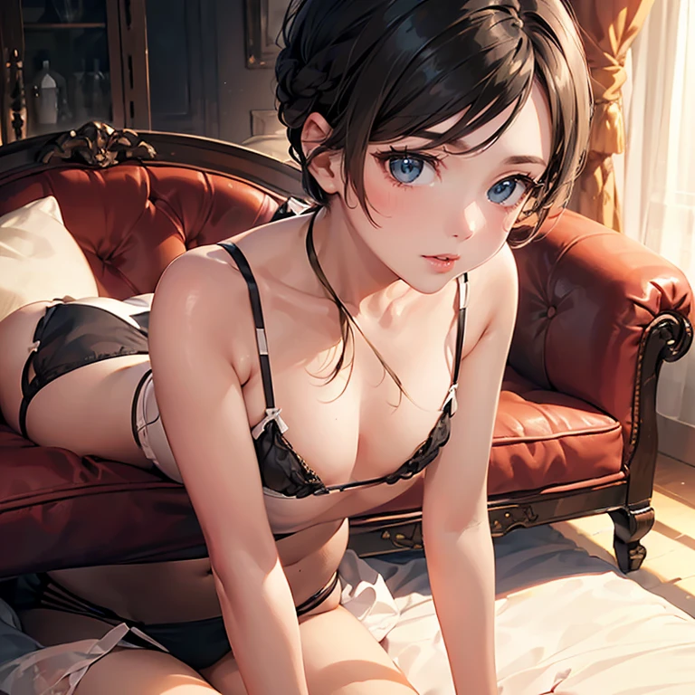 masterpiece, best quality, ultra detailed, beautiful face, beautiful skin, professional lighting, 2 girls, (((shortcut black hair, flat chest, black bikini))) AND (((long blonde hair, big breasts, white lingerie))), full body, on sofa