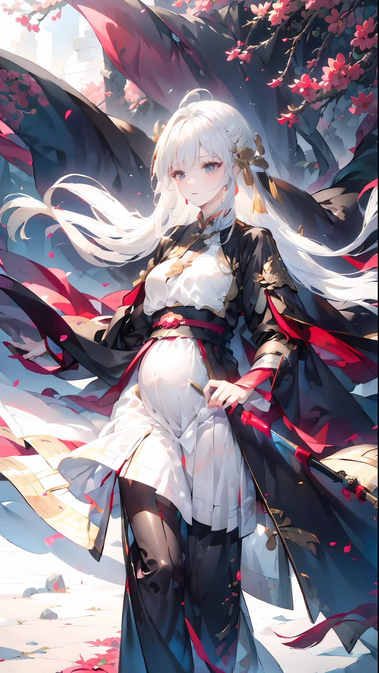 Golden hairpin, white ash hair, black shirt, white skirt, (black cloak:1.2), pale face, sweating, heavy breath, blushing, pregnancy  dresest quality:1.2), ultra-detailed,realistic ,portraits, vivid colors, soft lighting, interesting PoV, stocking, straight hair, pregnant, Pregnant  belly, Chinese sword, anime girl, solo girl