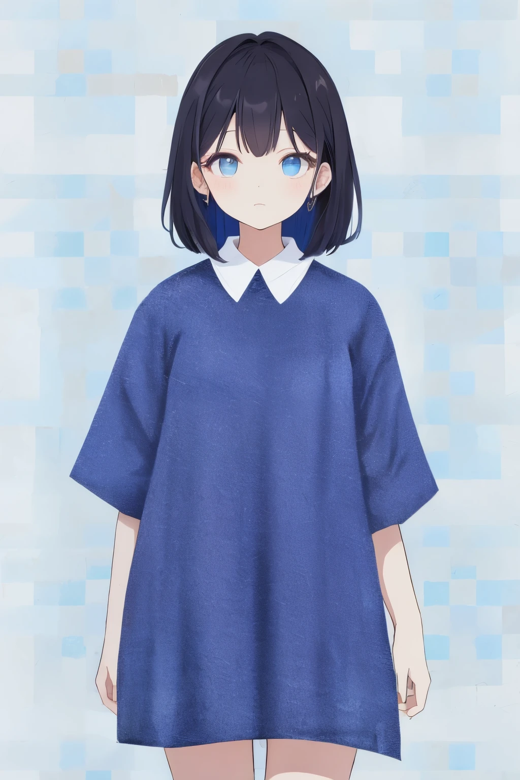 Geometric pattern background:1.3、dark color、cute girl hair、Looking away、white baggyTThe shirt、プリントThe shirt、loose-fitting clothes、Retro、top-quality、ultra-detailliert、High quality detailing、Blue
