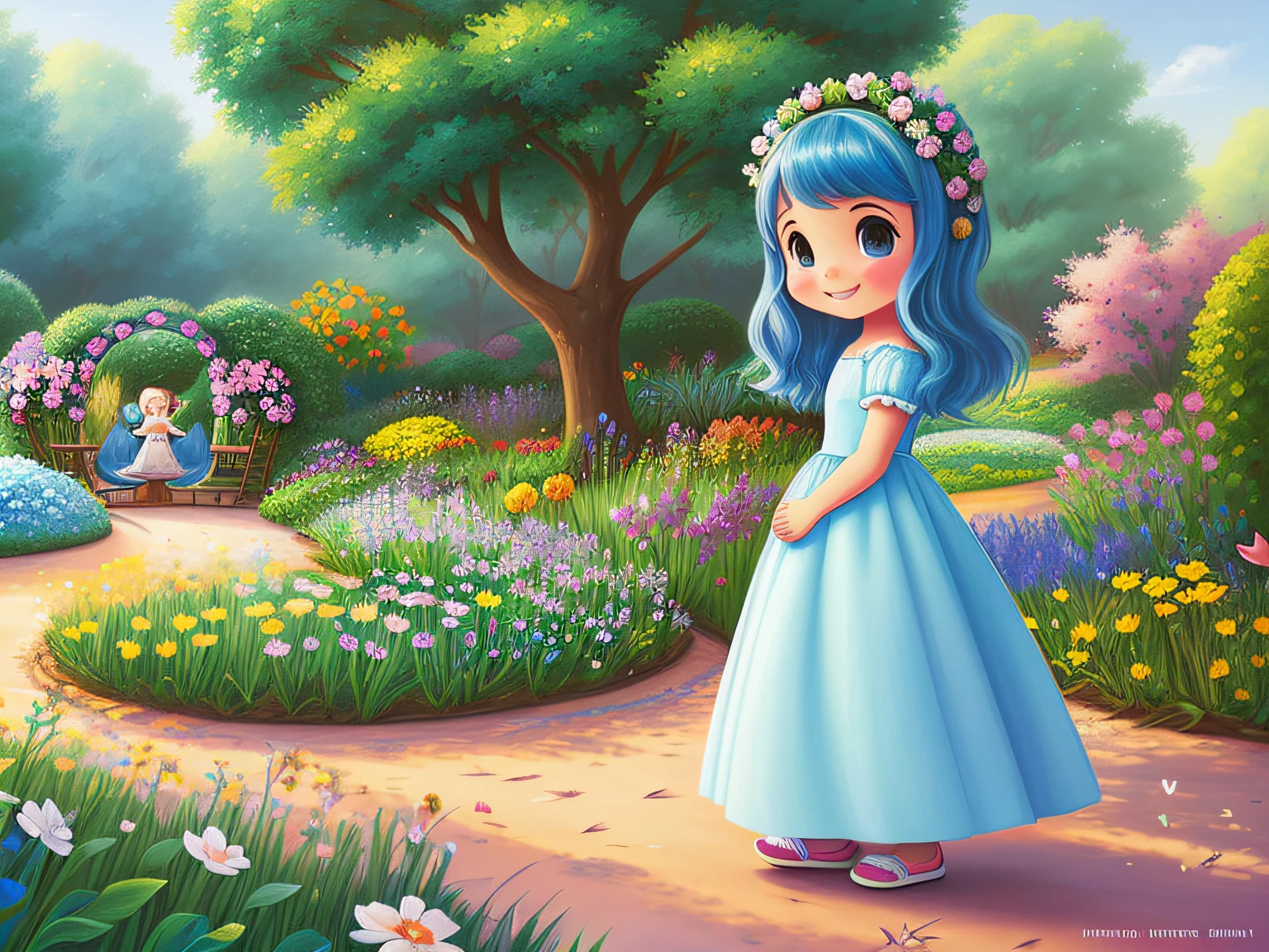 very cute illustration for a children's picture book,Dreamy happily said, "This is the magical garden we created together.",blue hair, Digital Painting, by Pixar style