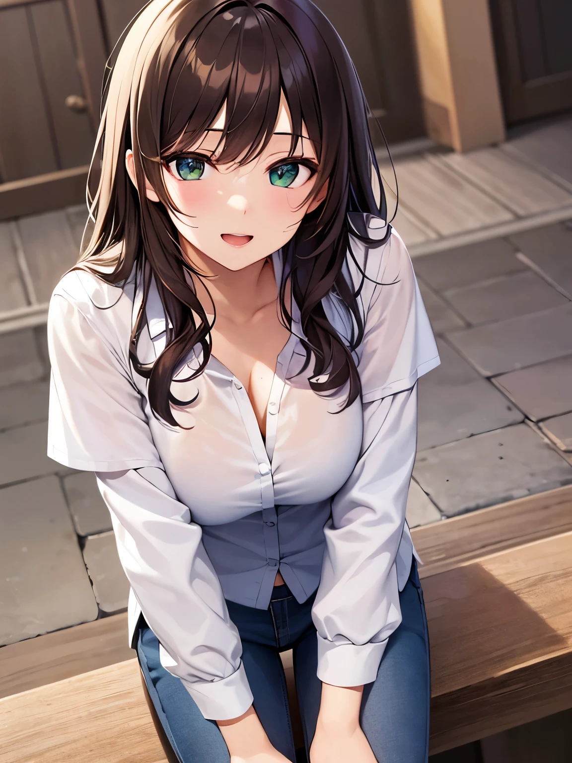 (masterpiece、highest quality、High resolution、realistic pictures、real looking skin:1.1), (She is wearing a tight gray knit minidress with long sleeves。.:1.5), (There is a small gap in the chest of that dress.、I can see the cleavage.:1.5), 1 Japanese woman, beautiful eyes, shining eyes, brown hair, medium long hair, OL, (I'Iは膝を合わせてベンチに座っています:1.8), (both hands are on the bench: 1.5), (brown knee-length boots:1.5), (fancy pattern panties: 1.5), (provocative and grinning expression:1.5), (The location is an amusement park bench..:1.5), NSFW