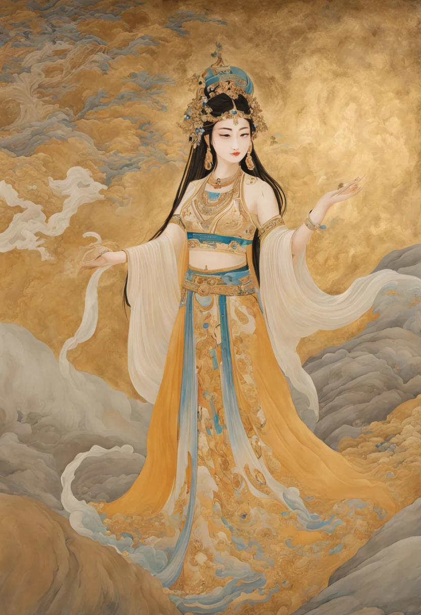 dunhuang，Rock painting，gold dust，dunhuang飞天，Beautuful Women，Western Regions clothing，Full body like，drak，Phoenix，Miracles，dunhuang配色, Rich relief details, lightand shade contrast, 电影灯光, god light, 电影灯光, hyper HD, high detal, Best quality at best, A high resolution, A high resolution, ctextured skin