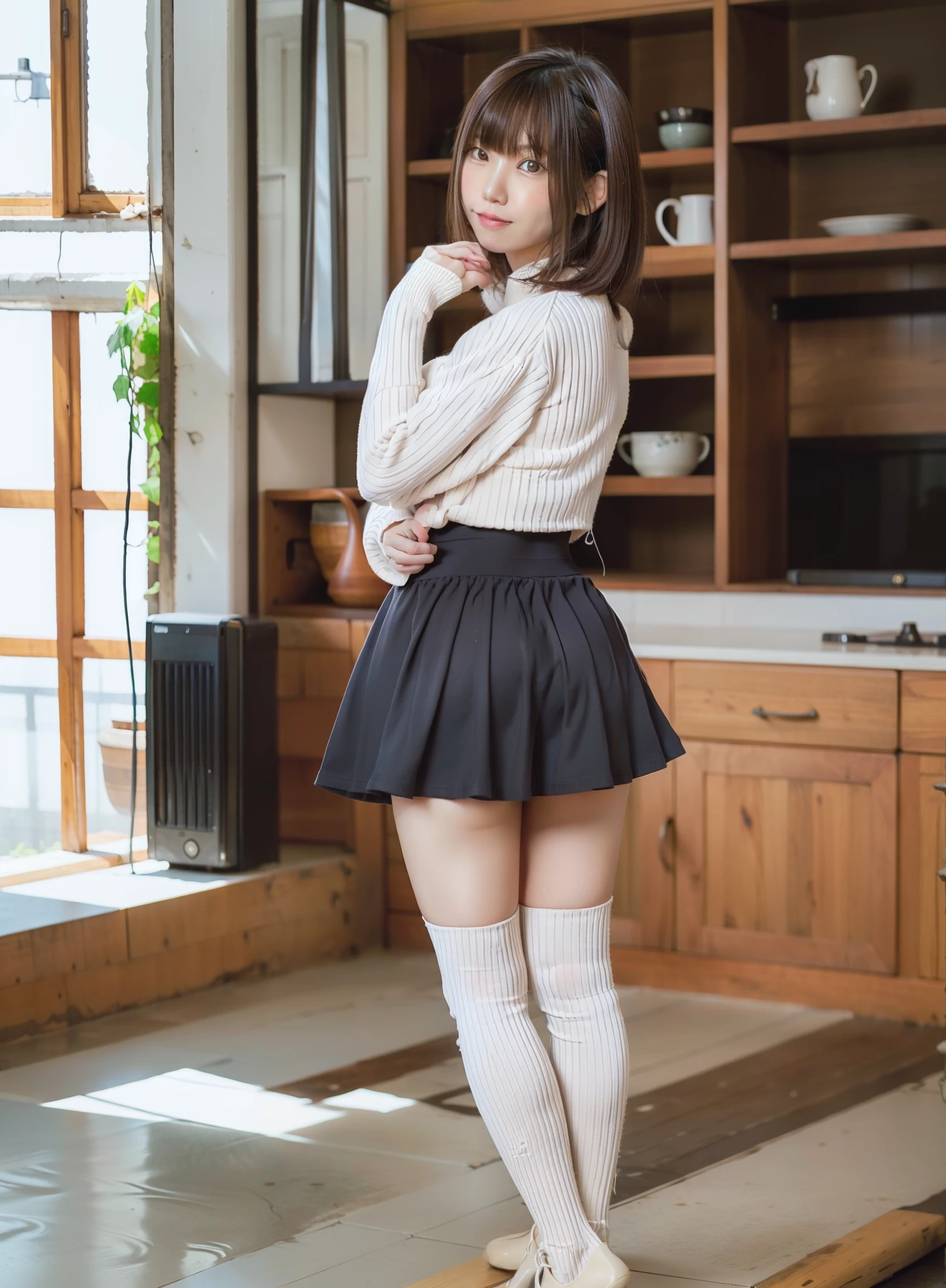 Ara fed Asian woman in skirt and sweater posing for photo, thighhighs and skirt, wearing skirt and high socks, full body cute young lady, Casual pose, of a schoolgirl posing, Japanese Models, sui ishida with black hair, japanese girl school uniform, mayuri shiina, Japan school uniform, Cute Schoolgirl, fully body photo