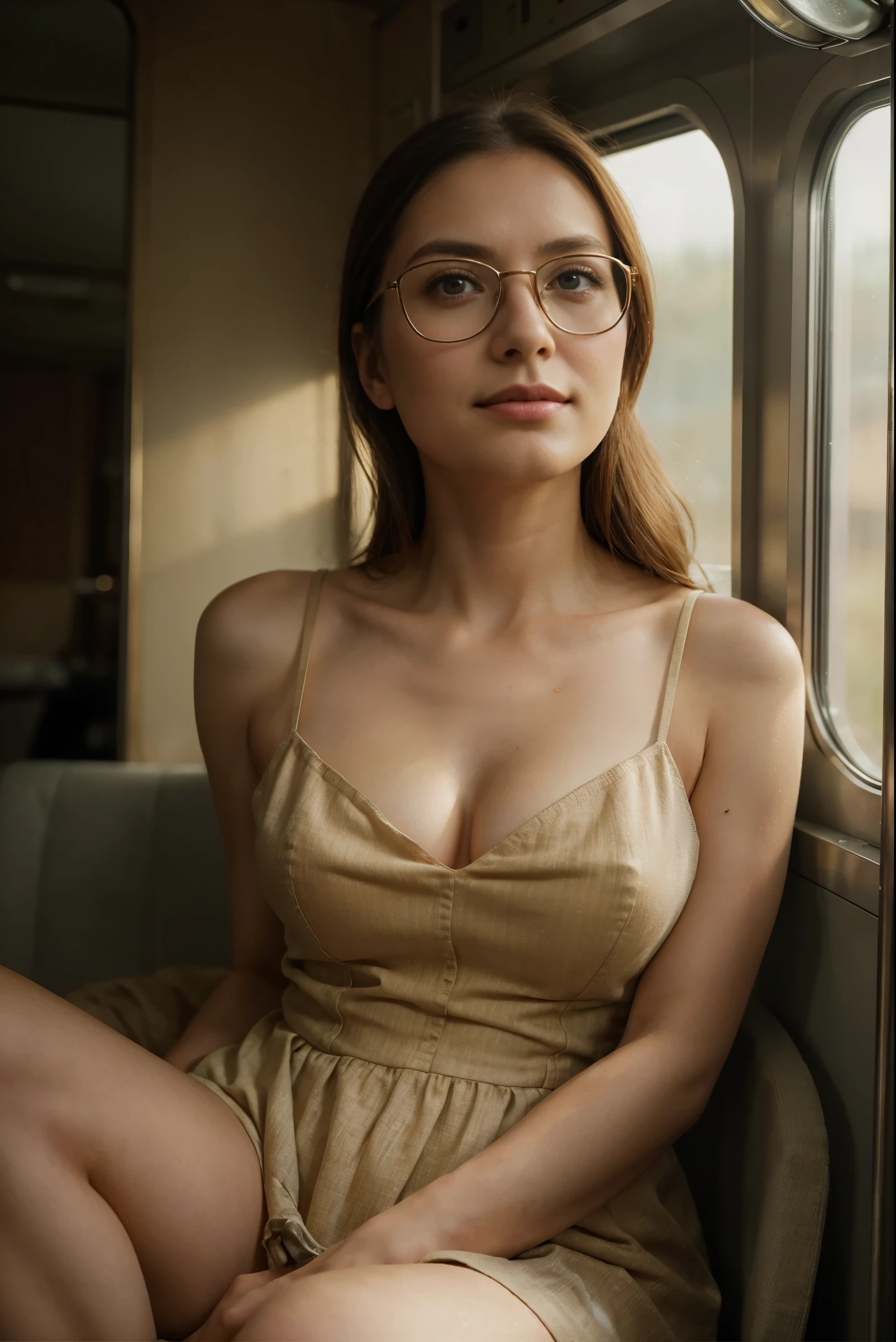 (Best quality, Ultra detailed, Golden ratio, Masterpiece:1.2), Theatrical lighting:0.7, Photo of a woman, dressed in a very elegant and pretty dress, Perfect rare face, (Highly detailed skin), randomly dyed hair, Hide your mouth with your hands、Ridicule, skin texture, Pale skin, shiny skin, (thin, large size:1.2), [:(Sharp focus on rare face, perfect eyes:1.2):0.2], photorealistic, film grain, Put one foot forward、from below looking up、look at camera、Emphasize the shoulders, Focus on face、Stockings、glasses、Smile with corners of mouth raised、disdainful expression, summer haze, muted colors, muted warm colors, Photo cinematic portrait of a woman dressed in a striped dress sitting by the window in the early morning, cinematic, (tilted:1.3) (on an old train) look cautious, standing under a spotlight, volumetric dust clouds, key light, backlight, soft natural lighting, photography Film grain ISO 400 30 mm lens RAW f1.8 aperture, highly detailed (analog photography:1), colors hdr