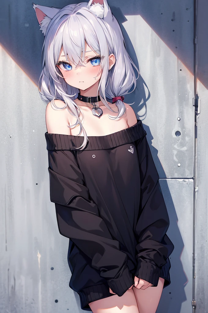 best quality, ultra precision, 1girl,  cute, , young, boyish, childish, sbreasts, silver hair, cat ears, blue eyes, beautiful eyes,  girl, ecstasy, sailor collar, estrus, metestrus, naughty mood, she loves you, lost virgin, virgin, blush, beautiful skin, big bow on chest, BLUE SWEATER, BLACK SHIRT, SHIRT UNDER SWEATER, OFF SHOULDER TOP) Tsundere leaning against the wall