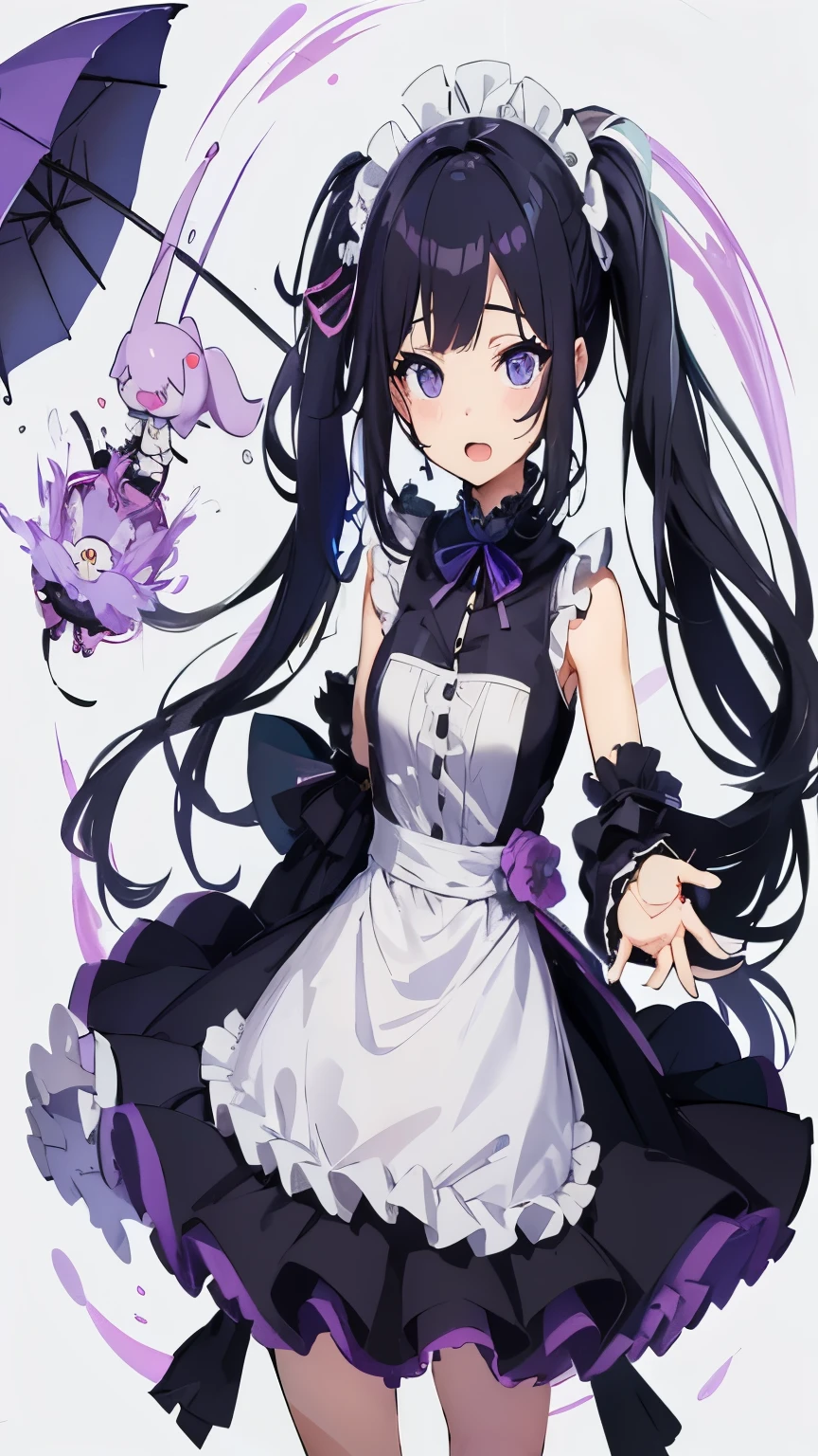 （Black and white double ponytail long hair:1.5),Purple Umbrella White Top Anime Girl, Official character art, Black, Cute anime waifu wearing beautiful clothes, Anime cute art style, anime maid outfit girl, Ayaka Genshin impact, splash ink art anime loli, Black photo, Beautiful anime character design, Official character illustrations, Hanayama Minamata