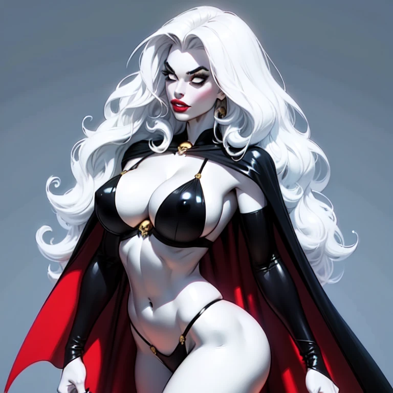 Lady_death_bikini_ facing front,bored, mascara, blank_eyes,long hair,breasts,white hair,makeup,navel,lipstick,large breasts,wavy hair,white skin,lips,curly hair,red lips,very long hair,toned, cape, narrow_waist, curvy,pale skin, thick_eyelashes, thick eyebrows, big hair, blue background