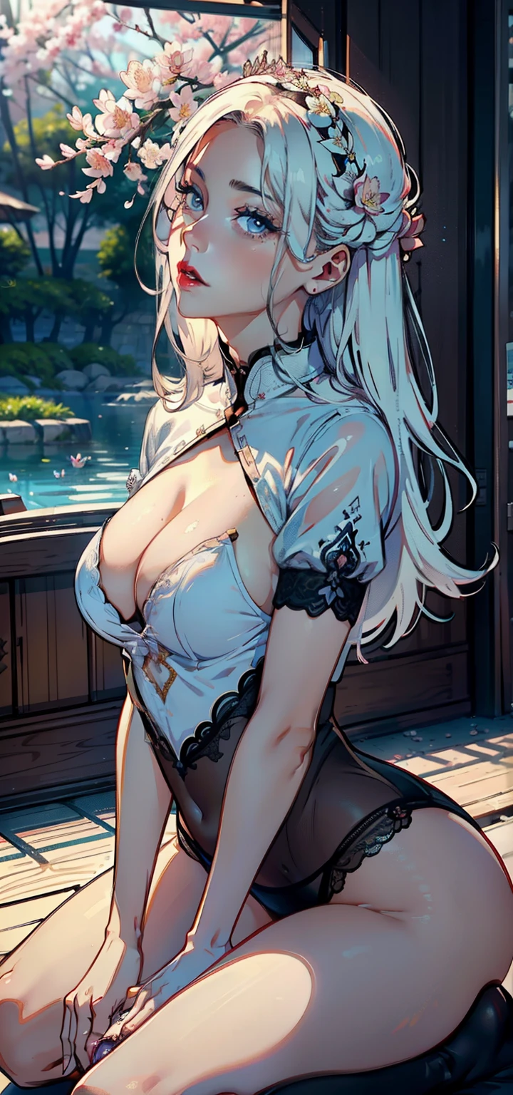 1female，1male, 45 yers old，Married Woman，，plumw，extremely large ， 独奏，（Background with：ponds，Cherry blossom forest，lotus flower）Lie underwater， partial nudity，seen from the front，（（（tmasterpiece），（Very detailed CG unity 8K wallpaper），best qualtiy，cinmatic lighting，detailed back ground，beatiful detailed eyeright pupillack eyes，Snow-whiteskin，Redlip（Very fine and beautiful），（Beautiful and detailed eye description），ultra - detailed，tmasterpiece，））facing at camera，A high resolution，ultra - detailed），revealing breastare genitalia，Raised sexy，Desire for dissatisfaction，frontage，Stewardess（Wearing：Transparent black tightlack tightlack lace lingarie, luxurious lingarie, standing  pose, , (kneeling:1.2),   a man stands next to her,  head grab, side view , ( big :1.4)