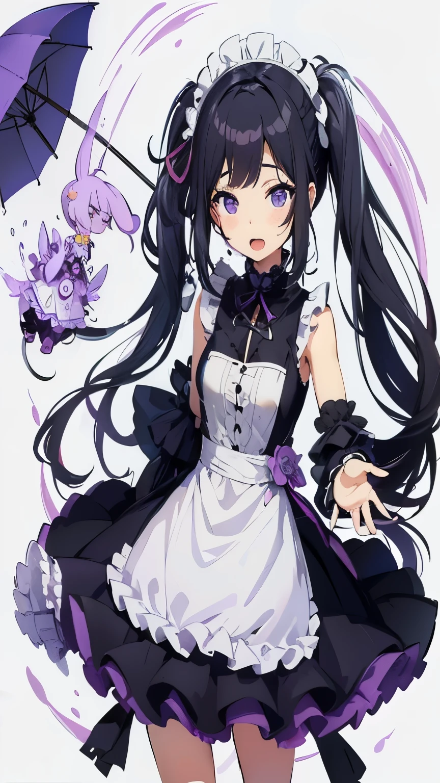 （Black and white double ponytail long hair:1.5),Purple Umbrella White Top Anime Girl, Official character art, Black, Cute anime waifu wearing beautiful clothes, Anime cute art style, anime maid outfit girl, Ayaka Genshin impact, splash ink art anime , Black photo, Beautiful anime character design, Official character illustrations, Hanayama Minamata