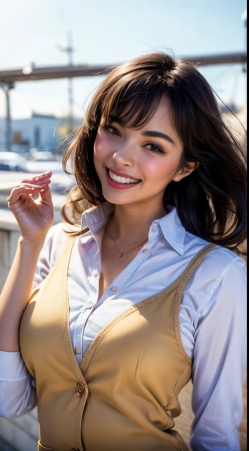 masterpiece, ultra high res, (photorealistic:1.4), 8k, RAW photo, best quality, detailed shadow, best quality, soft lighting, sharp focus, bokeh,
1girl, (winter school uniform:1.2), (laugh:1.4), (light brown medium hair:1), (wavy hair:1.3), (floating hair:1.4), (bangs,1.4), (huge breasts:1.2), (perfect face:1.5), super detailed beautiful skin, (abs:0.9), (teenage:1), (collarbones:1), (wide forehead:1.4), (skinny:1.2), (narrow weist:1.8),