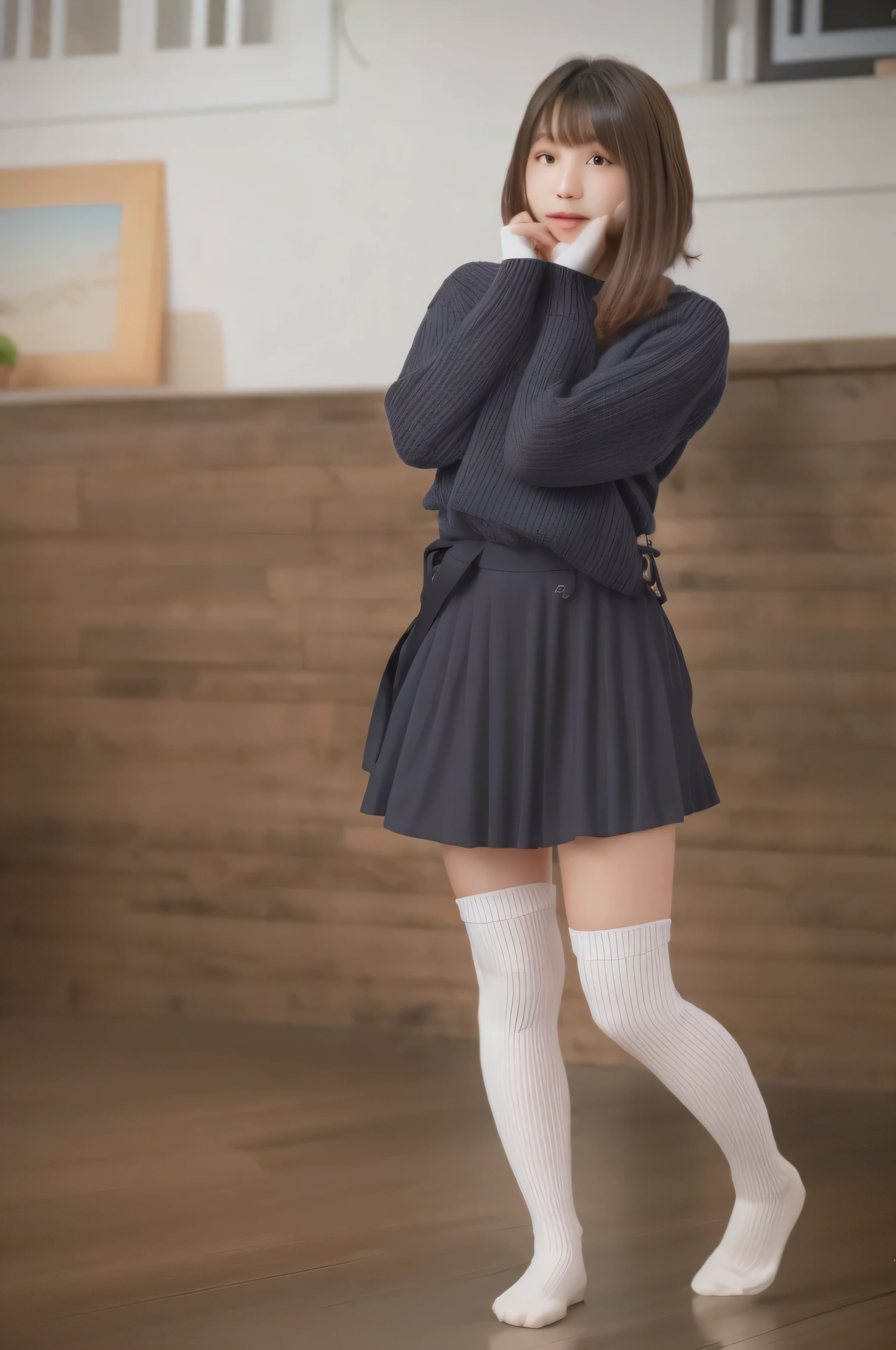 Asian woman in a cafe wearing a skirt and knee-high socks, wearing skirt and high socks, full body cute young lady, thighhighs and skirt, pretty face with arms and legs, of a schoolgirl posing, Casual pose, Japanese portrait , various poses shooting photos, Japanese Models, Satisfying Pose, japanese girl school uniform, Cute Schoolgirl, wearing skirt、simple red space