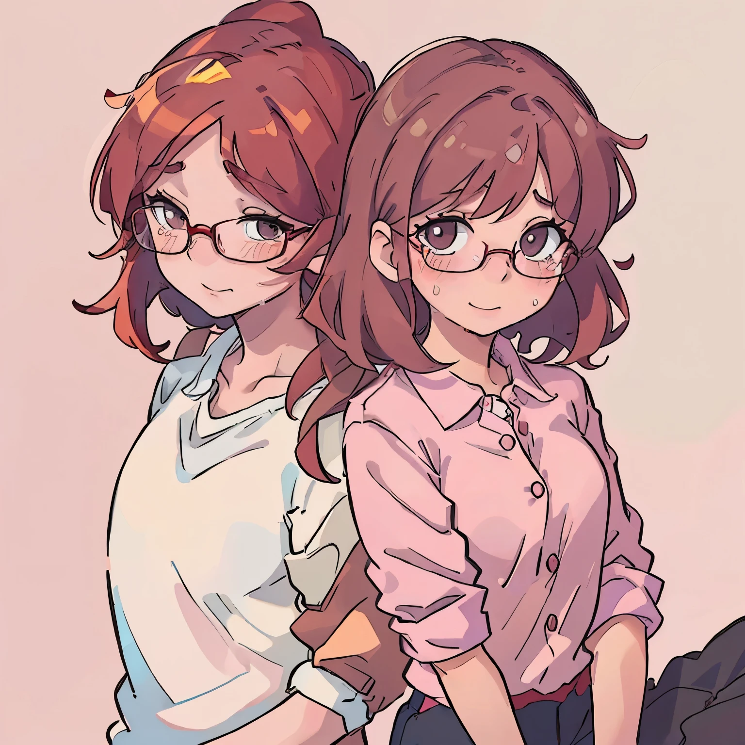 a white girl with glasses and brown hair and gray buttoned shirt is hugging a younger girl that looks similar to her with red hair no glasses and a pink shirt. almost like she’s hugging her younger self. the girl with red hair is crying while the older one is smiling. the background should be bright and cheerful.
