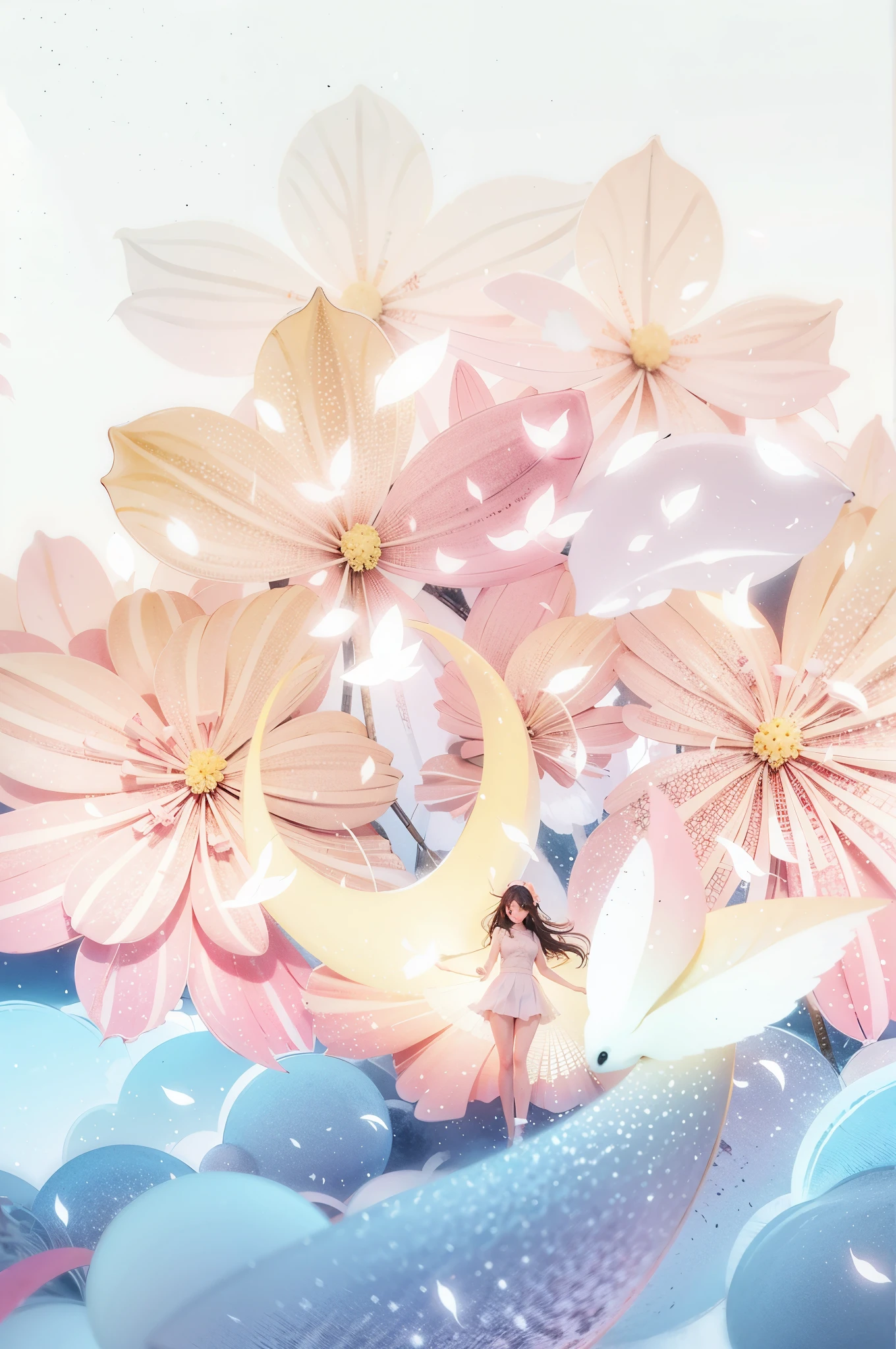 A girl flies on the boat, dream illustration, blurry and dream illustration, blurred and dream illustration, seasons!! : 🌸 ☀ 🍂 ❄, A beautiful artistic illustration, dreamy scenes, pink petals fly, serene illustration, cherry blossoms in the wind, dreamy soft,樱花盛开的seasons