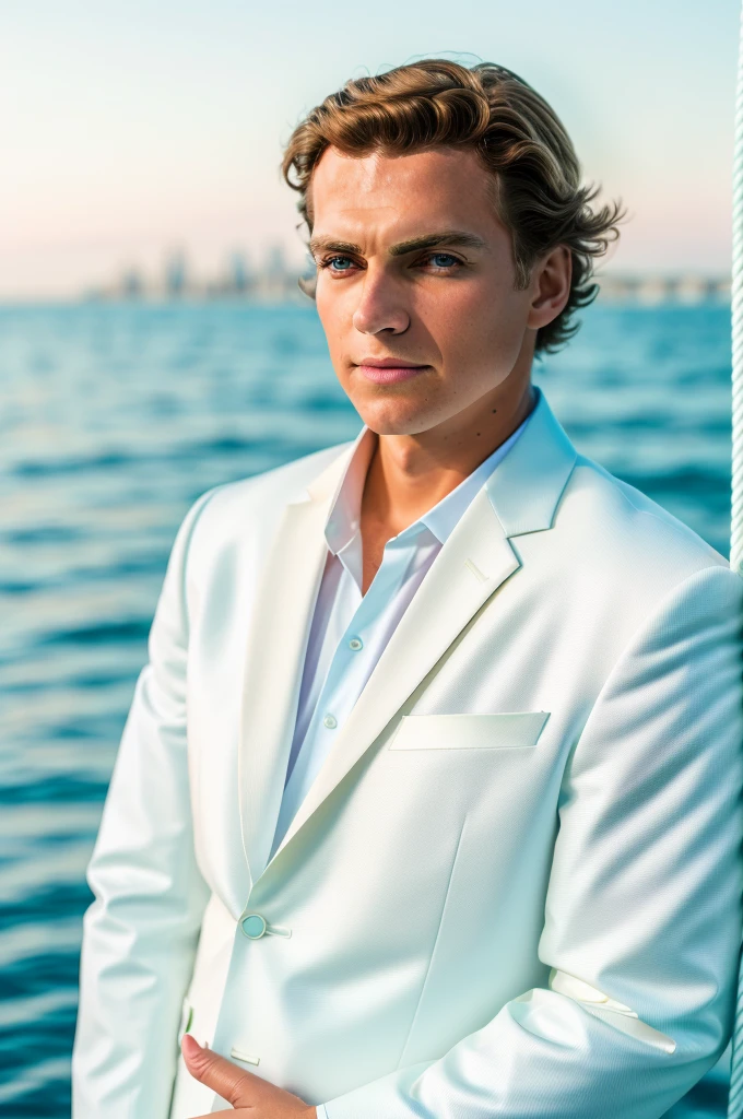 raw photo of a man, on a yacht on the ocean, stunning white suit, extreme close up, 8k uhd, fujifilm xt3