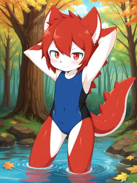Alone, Red pupils, detailed hair, young,One-piece swimsuit,Firmware version, furry anime, Bragon, very cute face, face flushed, Playful, young, detailedbackground, Detailed fanart, pixiv, digitial painting, tmasterpiece, high high quality, A high resolution,Sneak into the slimes,Entangled in chains,Chained,yoke,random colors,random species,solo portrait,The tail is in the right place
