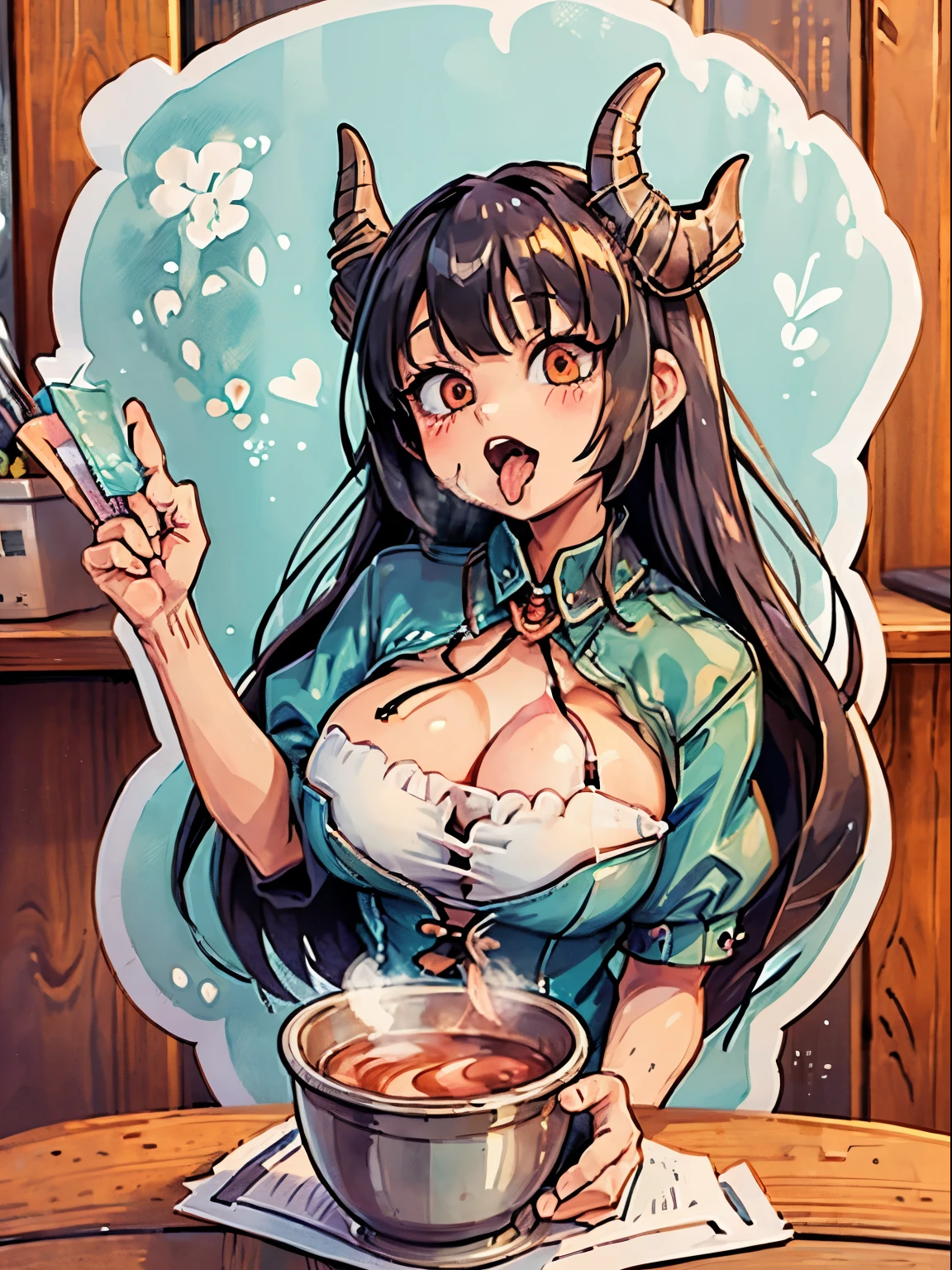 animesque、a sticker、顔と口メインのa sticker、Close-up of the mouth、1beautiful girl、Monster Musume、sixteen years old、(((I mainly draw the mouth、super close up of mouth、tongue、long tongue、sticking out the tongue、Show the inside of the mouth、Open your mouth wide and show me your throat)))、Horns、teak、lip stick、huge tit、cleavage of the breast、simple background、