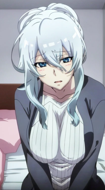 Yukino, in bed, silver hair and blue eyes, black shirt and no bra, anime visual of a cute girl, screenshot from the anime film, & her expression is solemn, in the anime film, in an anime, anime visual of a young woman, she has a cute expressive face, still from anime, big breast, red cheek, lustful face