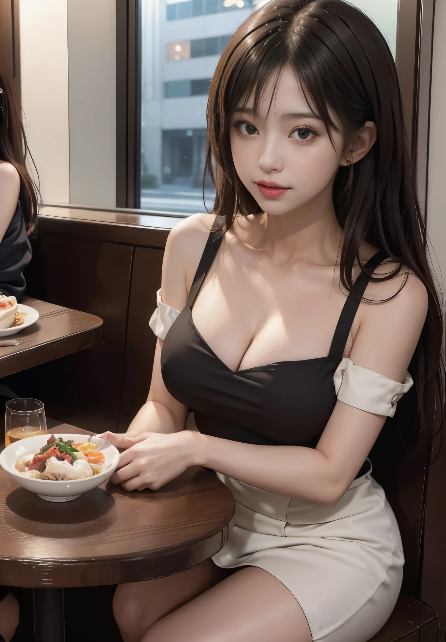 (realistic, high resolution:1.3),  vibrant colors, high quality, high contrast, gorgeous light and shadow, (best quality),  two girls sitting at a table eating, modern style, in a sidewalk cafe, very modern style, in japanese style, kantai collection style, anime food, sitting in a cafe, sh