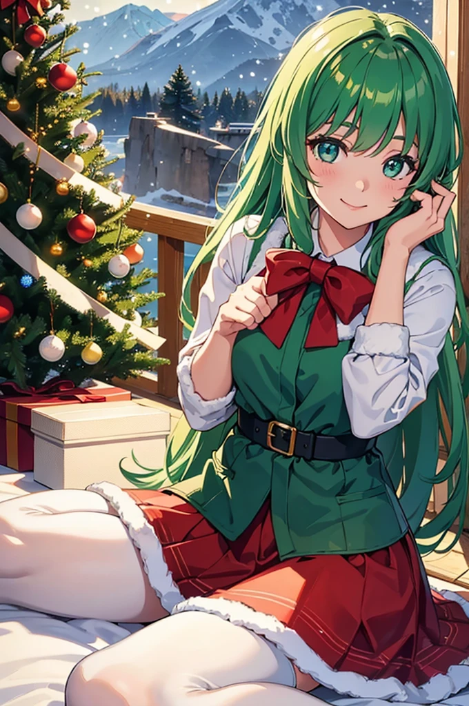 Two knots, beautiful hands, whole body, beautiful Christmas tree, sitting next to me, beautiful eyes, vast sparkling landscape, masterpiece, finest, {{masterpiece}}, {highest grade}, cute girl, {solo}, Santa dress, snowing, effects, beautiful green hair, tights, smile,