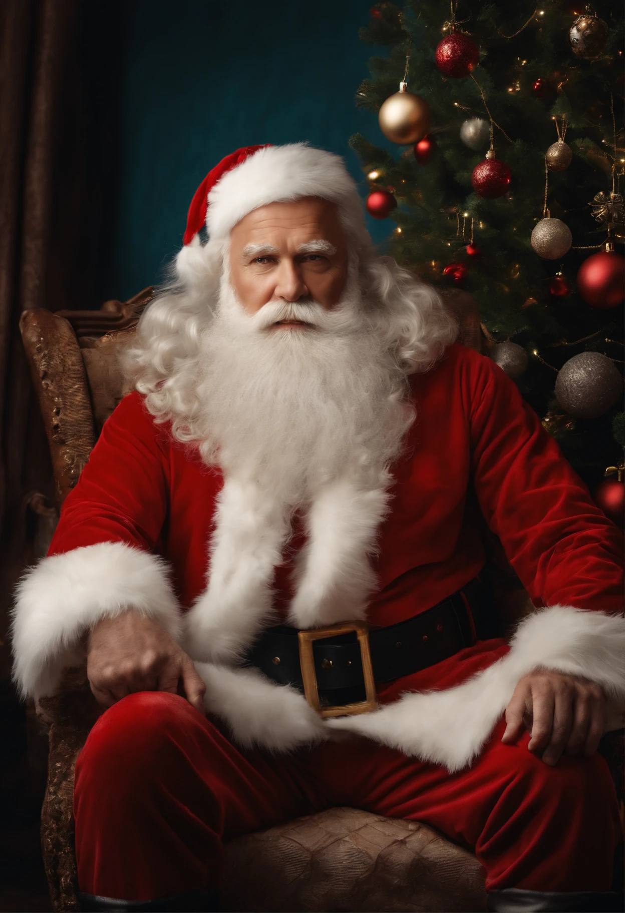 Best Quality, Realistic, Realistic, Award Winning Photos, (Intricate Details: 1.2), (Exquisite Details), (Intricate Details), Retro Santa Claus with white hair sitting and looking at camera, Real Photo , pexels, realism, character, the man is wearing old red clothes and overalls, the background is a photo of Christmas aesthetics, creating a contrast between the reality of the image and the artistic elements, 8k