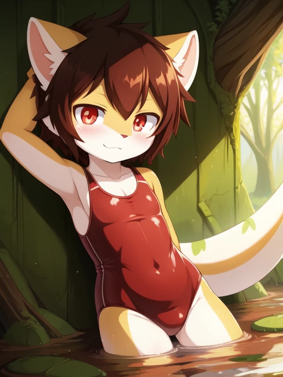 Alone, Red pupils, detailed hair, young，One-piece swimsuit,Firmware version, furry anime, Bragon, very cute face, face flushed, Playful, young, detailedbackground, Detailed fanart, pixiv, digitial painting, tmasterpiece, high high quality, A high resolution，Stuck in the mud，covered in mud，Only the head is exposed，random colors，random species，solo portrait，The tail is in the right place