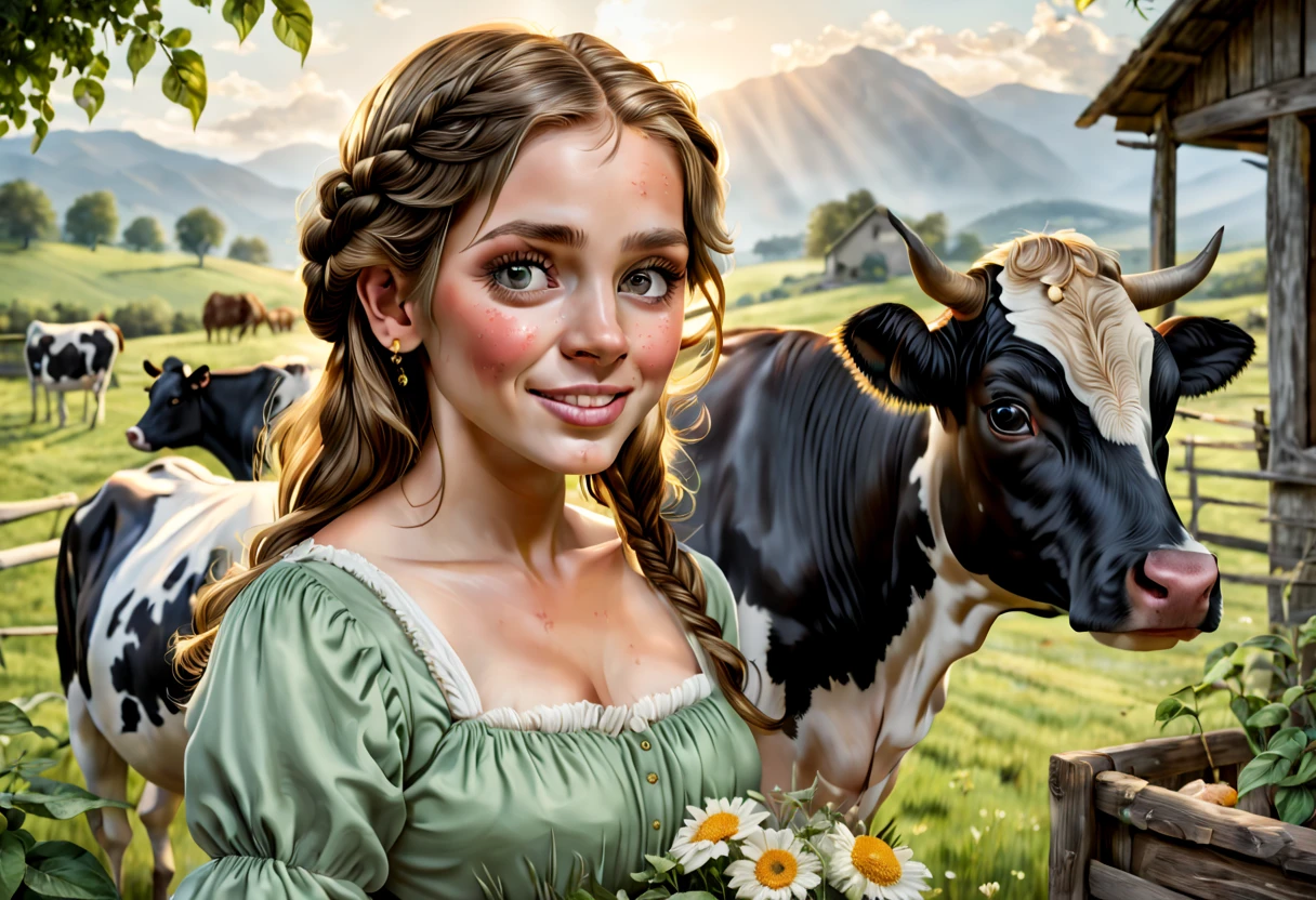 (best quality,4k,8k,highres,masterpiece:1.2),ultra-detailed,(realistic,photorealistic,photo-realistic:1.37),oil painting,portrait,beautiful detailed eyes,beautiful detailed lips,extremely detailed eyes and face,soft sunlight,gorgeous countryside,green meadows,peaceful atmosphere,hardworking farmer,traditional wooden farmhouse,happy cows,enjoying the fresh air,overflowing milk pails,freshly churned butter,every detail of the cows and farmer is well defined,sun-kissed skin,healthy and shining hair,double braid hairstyle,farm-related accessories,floral dress,joyful expression on the girl's face,expressing contentment and love for her work,friendly interaction between the girl and cows,golden sunlight illuminating the scene,natural colors and soft gradients,sumptuous texture,subtle brushstrokes,vibrant and harmonious color palette,naturalistic impression,capturing the tranquility and serenity of the countryside.
